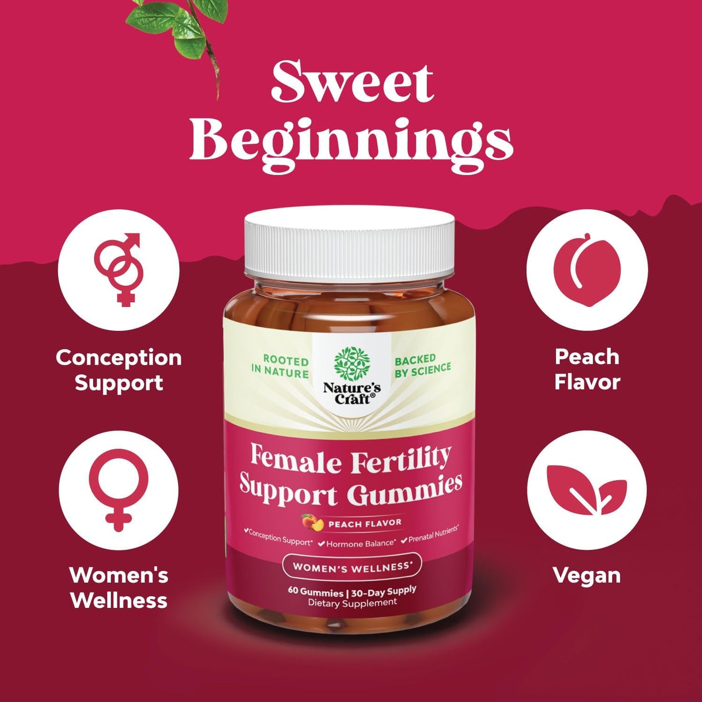 Fertility Gummies for Women - Delicious Gummy Supplement with Myo-Inositol, Folic Acid & Vitex Chasteberry - Vegan & Gluten-Free - Juicy Peach Flavor - 30 Servings
