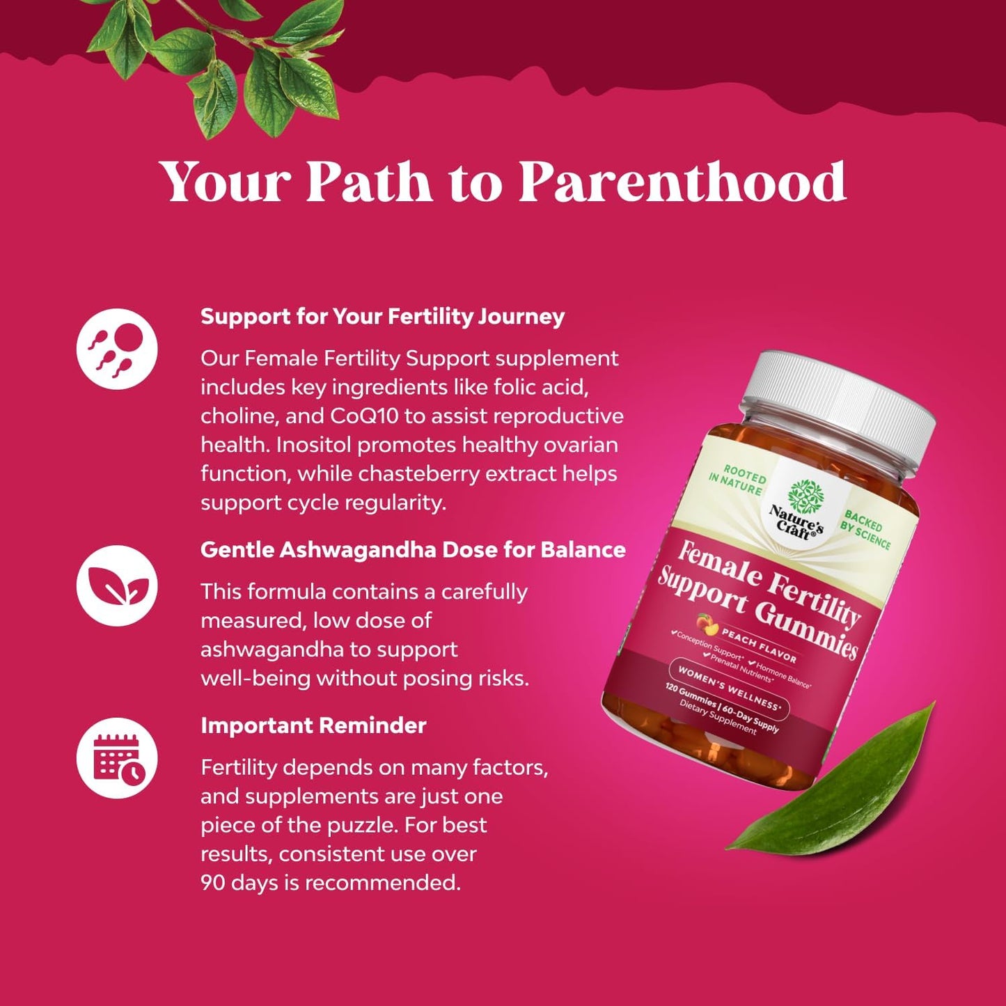 Fertility Gummies for Women - Myo-Inositol, Folic Acid & Vitex Chasteberry - Vegan & Gluten Free - Juicy Peach Flavor (60 Servings)