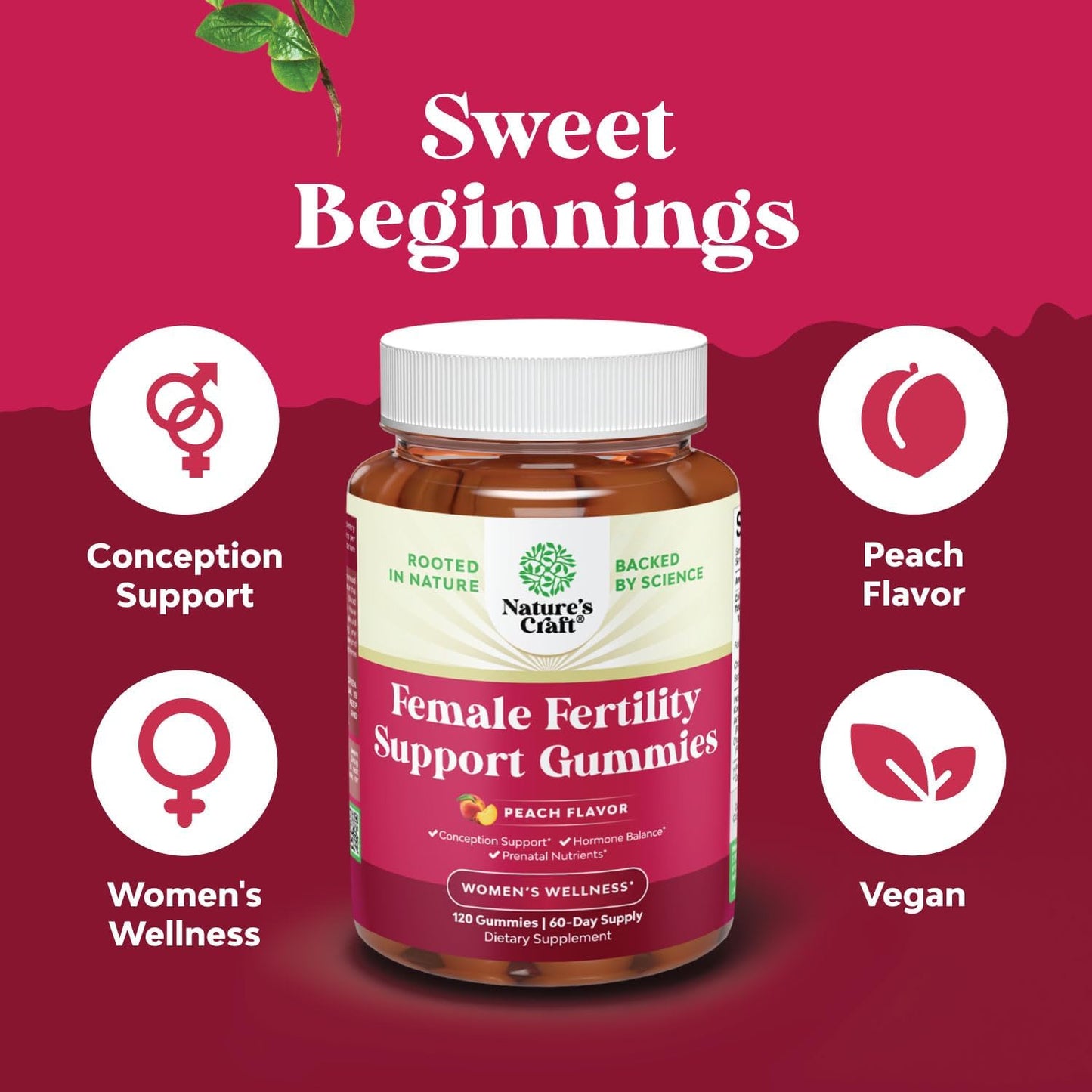 Fertility Gummies for Women - Myo-Inositol, Folic Acid & Vitex Chasteberry - Vegan & Gluten Free - Juicy Peach Flavor (60 Servings)