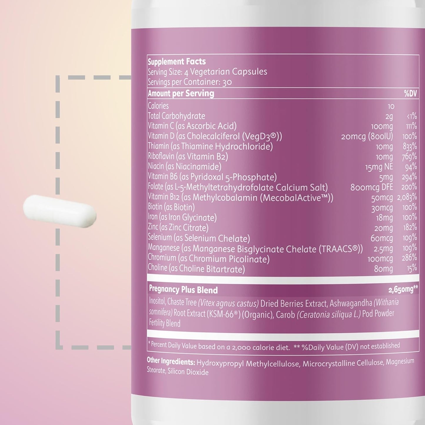 Fertility Support Supplement for Women – Promescent Prenatal Vitamins with Folic Acid, Iron, Vitamin C/D/B6/B12, Zinc, Selenium & Ashwagandha, 120 Capsules