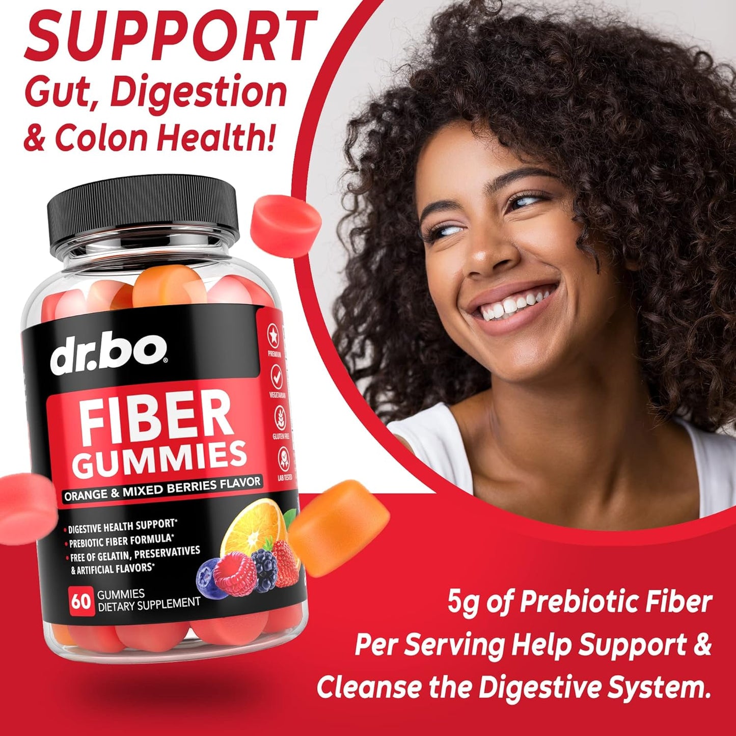 Fiber Gummies for Adults & Kids - Tasty Prebiotic Supplement for Digestive Health - High Inulin Prebiotics - 60 Chewable Gummies