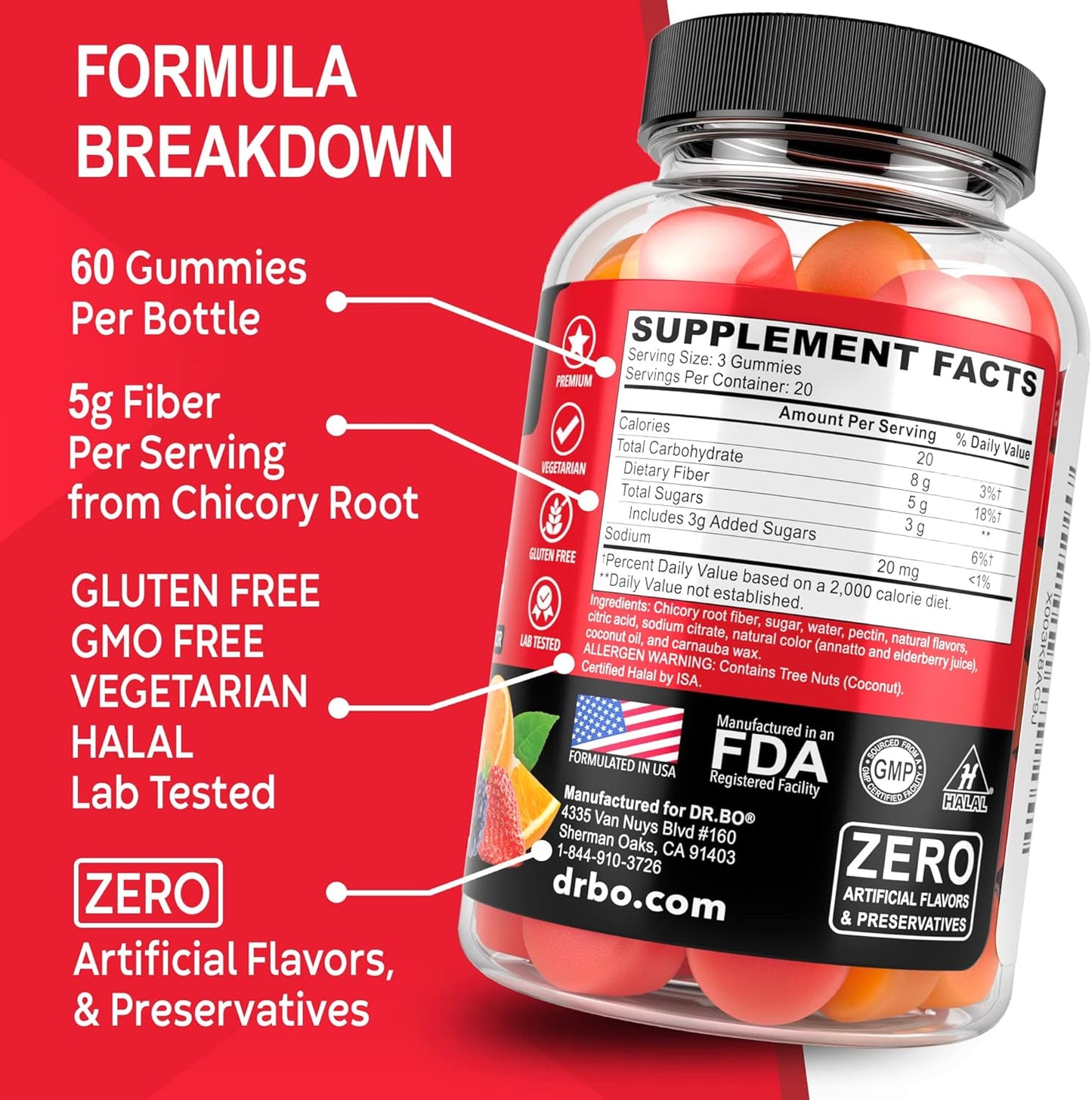 Fiber Gummies for Adults & Kids - Tasty Prebiotic Supplement for Digestive Health - High Inulin Prebiotics - 60 Chewable Gummies