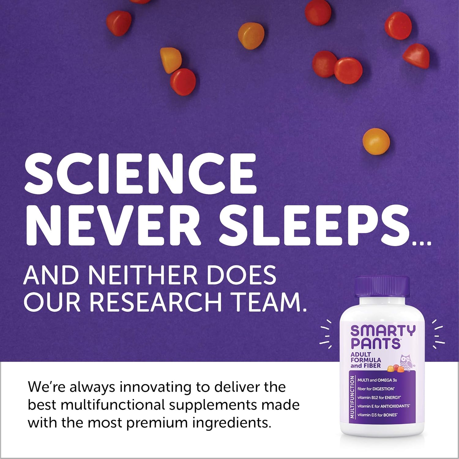 Fiber Supplement & Multivitamin Gummies for Men & Women with Vitamin D3, C, B12, B6, A, K, Zinc, Omega 3 Fish Oil, Biotin - 180 Count