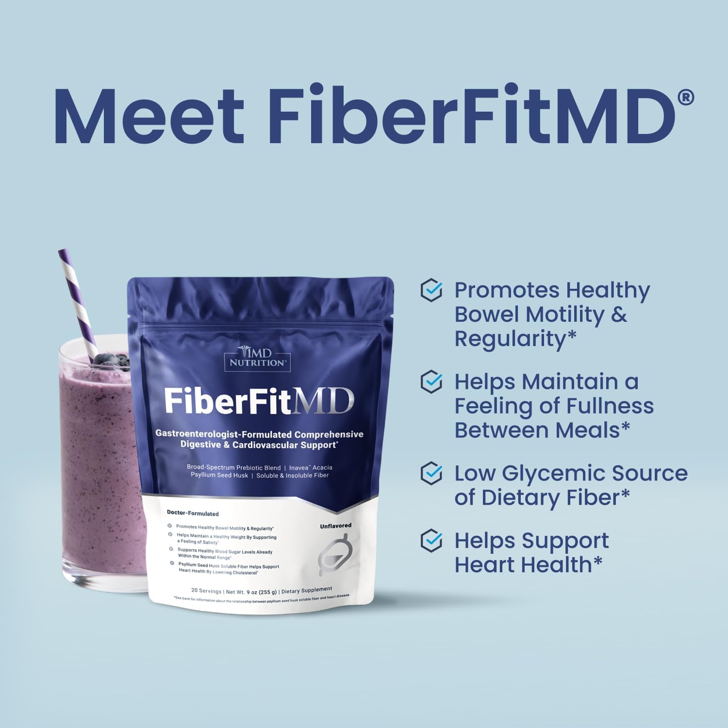 FiberFitMD by 1MD Nutrition: High Fiber Powder for Digestive & Cardiovascular Health - 20 Day Supply - Women & Men's Health Supplement