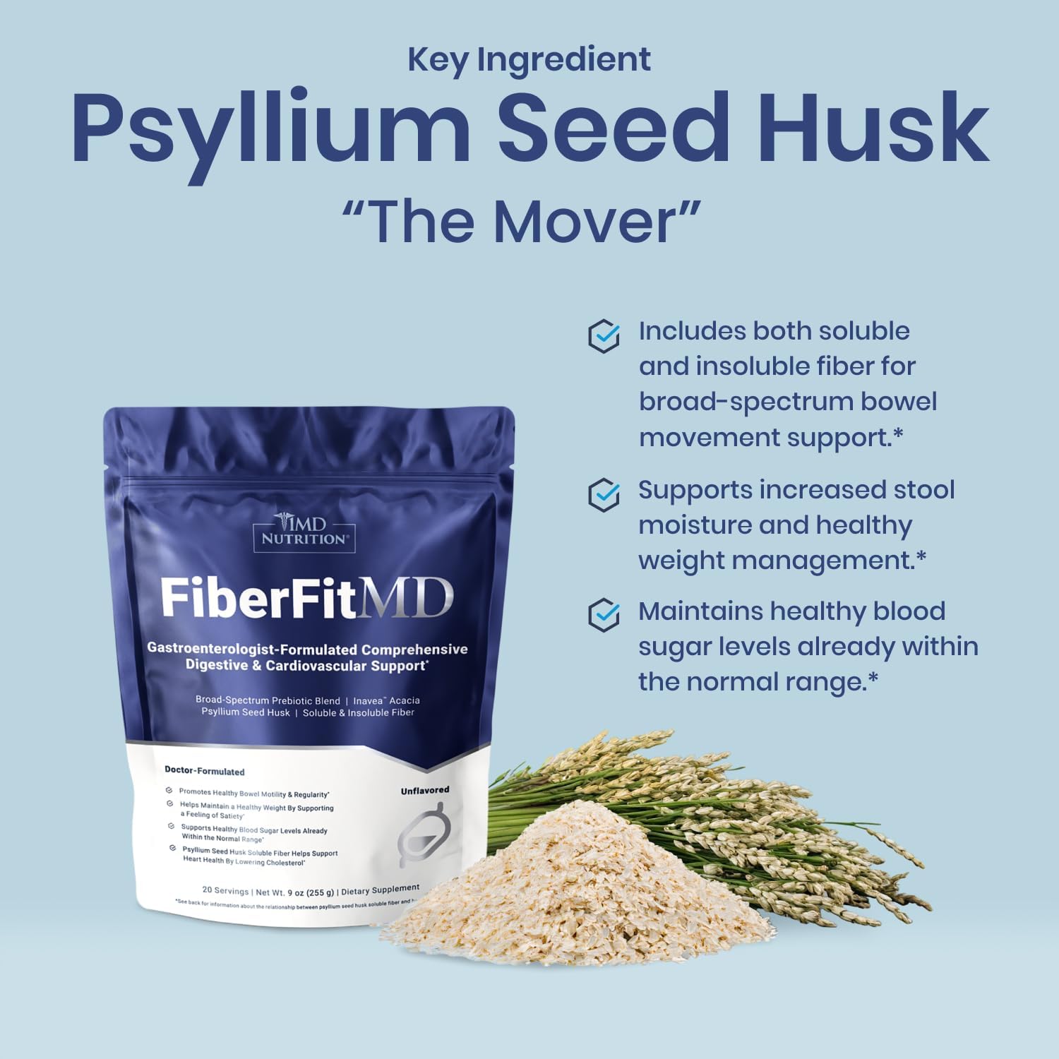 FiberFitMD by 1MD Nutrition: High Fiber Powder for Digestive & Cardiovascular Health - 20 Day Supply - Women & Men's Health Supplement