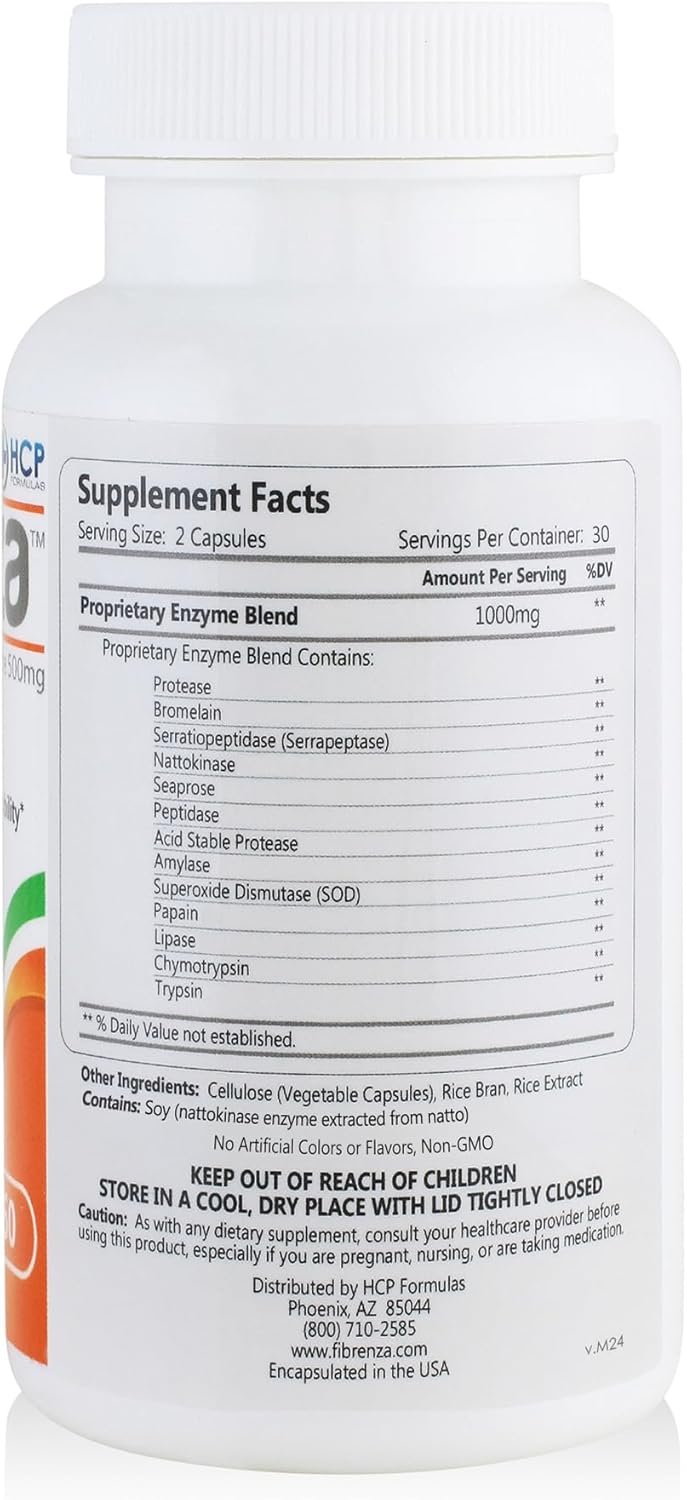 Fibrenza Enzyme Complex with Fibrinolytic & Proteolytic Enzymes - Cardiovascular Support - Vegetarian - 60 Capsules