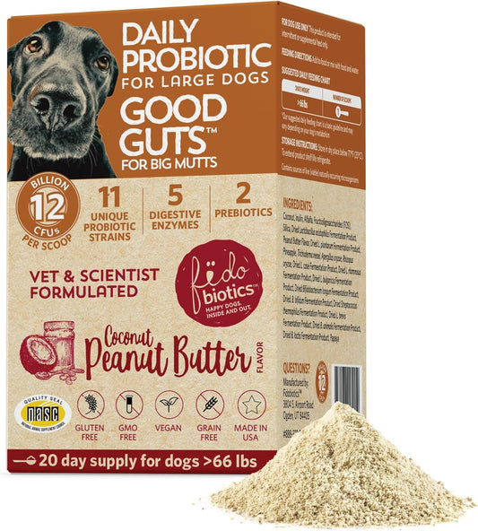 Fidobiotics Good Guts Probiotic for Dogs - 12 Billion CFUs, 11 Strains, 5 Enzymes - Digestive Gut Health for Adult & Puppy Dogs - 20 Day Supply