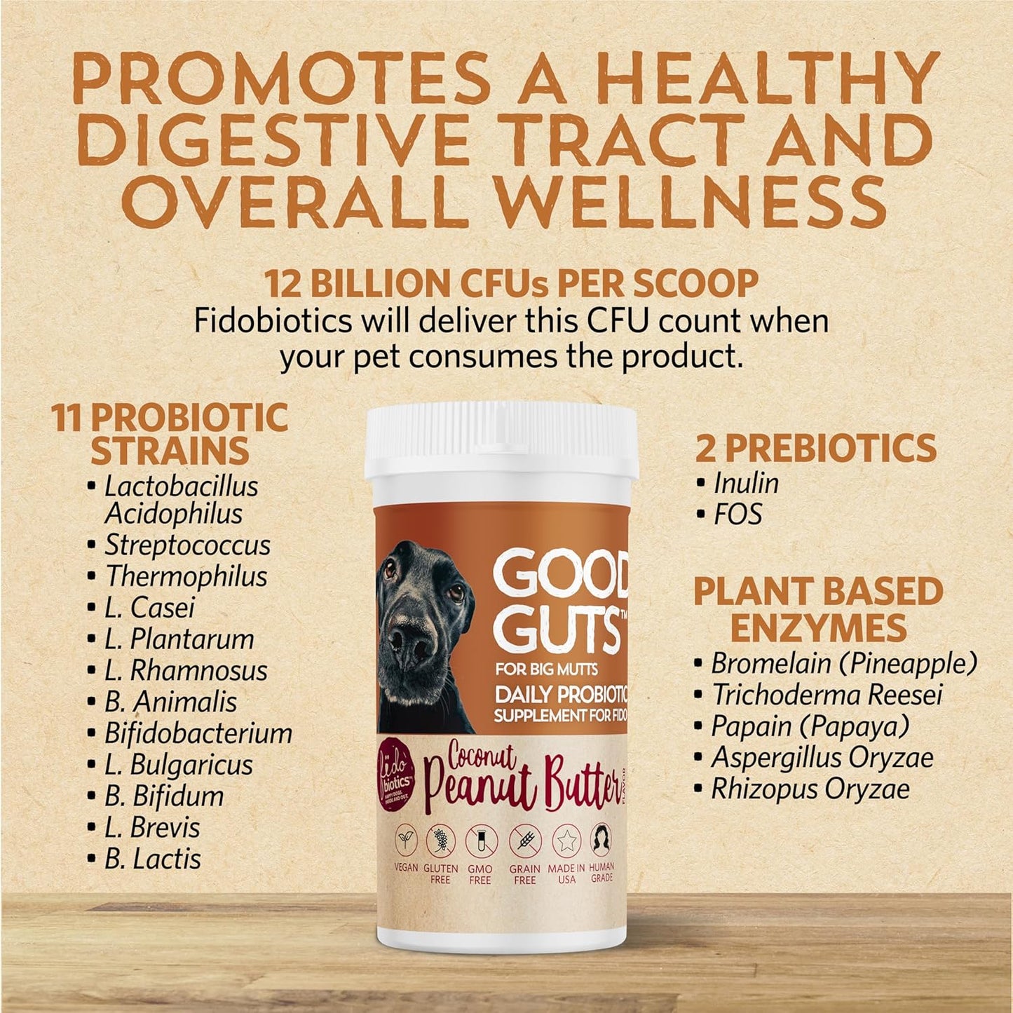 Fidobiotics Good Guts Probiotic for Dogs - 12 Billion CFUs, 11 Strains, 5 Enzymes - Digestive Gut Health for Adult & Puppy Dogs - 20 Day Supply