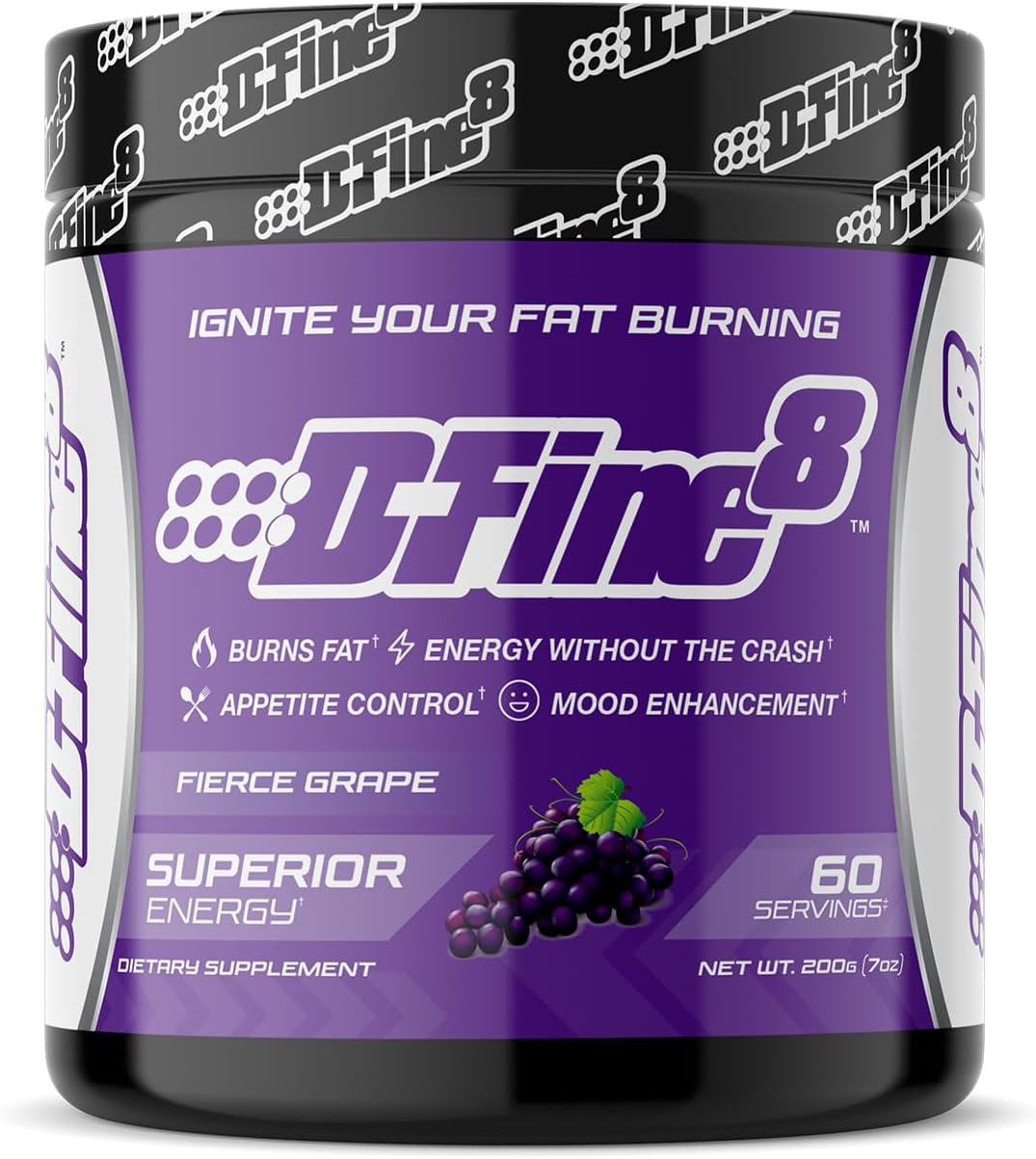 Fierce Grape D-Fine8 Thermogenic Pre-Workout Powder with Senactiv, 300mg Caffeine, N-Acetyl-L-Tyrosine - Boost Energy, Mood, Focus & Endurance