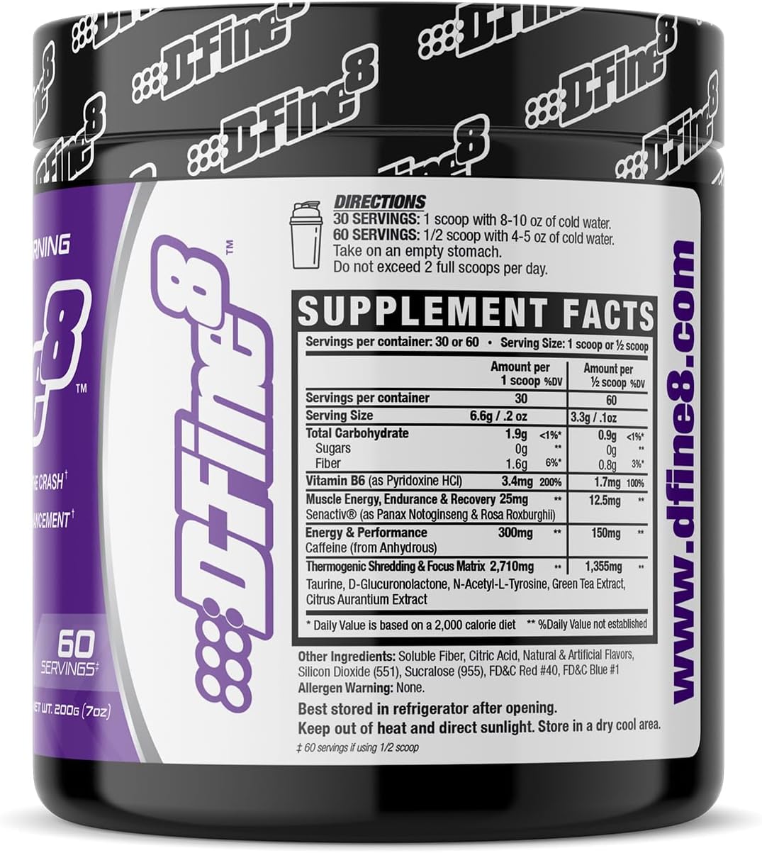 Fierce Grape D-Fine8 Thermogenic Pre-Workout Powder with Senactiv, 300mg Caffeine, N-Acetyl-L-Tyrosine - Boost Energy, Mood, Focus & Endurance