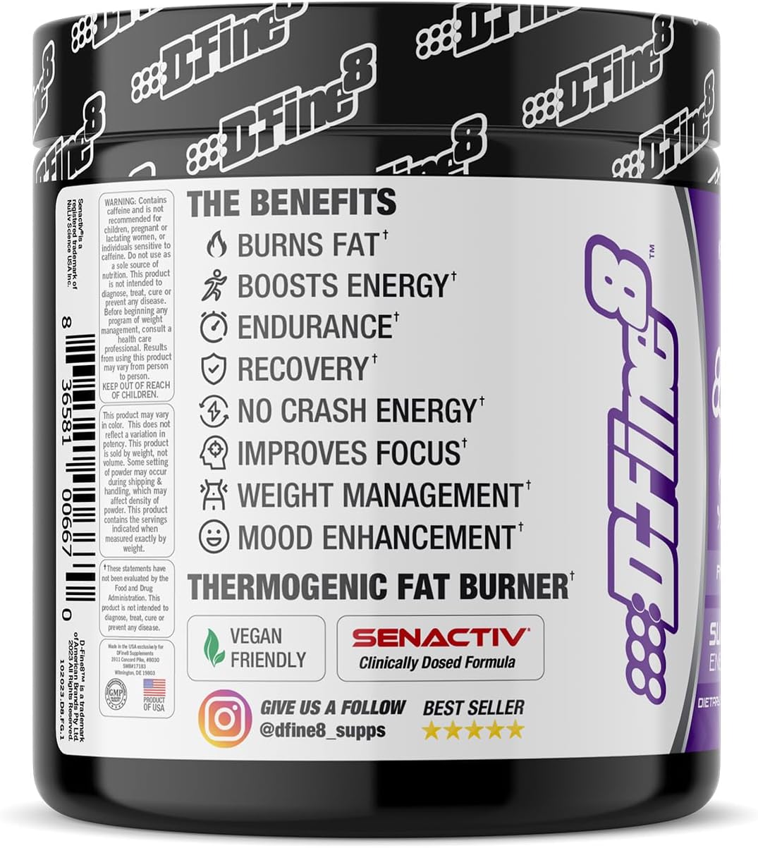 Fierce Grape D-Fine8 Thermogenic Pre-Workout Powder with Senactiv, 300mg Caffeine, N-Acetyl-L-Tyrosine - Boost Energy, Mood, Focus & Endurance