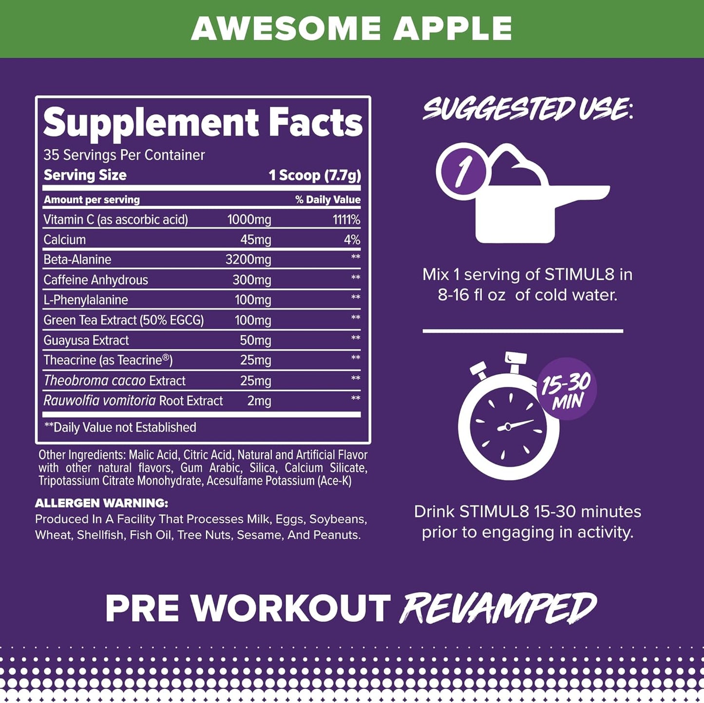 FINAFLEX STIMUL8 Original Pre-Workout Awesome Apple Flavor for Energy, Strength & Endurance - 35 Servings with Caffeine, Beta-Alanine, and Vitamin C - Men & Women's Fitness Supplement
