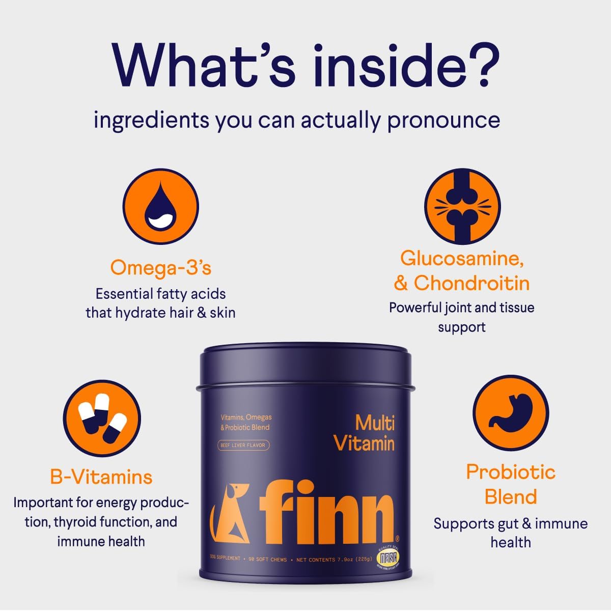 Finn All-in-1 Dog Multivitamin Soft Chews - Probiotics, Omega-3s, Glucosamine for Gut & Immune Health, Joint & Heart Support | 90 Chews