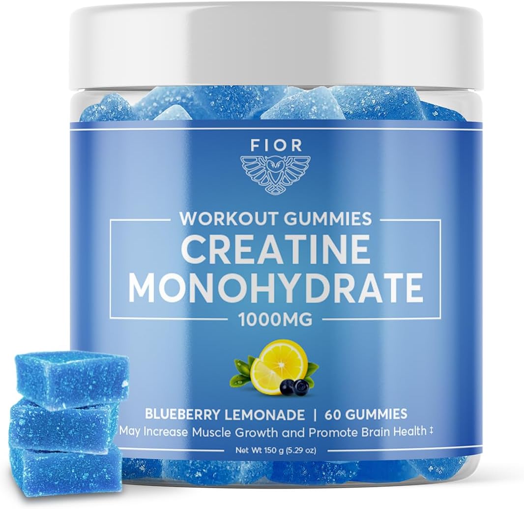 FIOR Creatine Gummy - Blueberry Lemonade Flavor, 60 Count, Top Creatine Monohydrate Chewable for Workouts & Protein, Cognitive Enhancement, 30 Servings