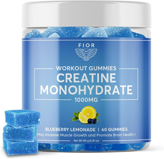 FIOR Creatine Gummy - Blueberry Lemonade Flavor, 60 Count, Top Creatine Monohydrate Chewable for Workouts & Protein, Cognitive Enhancement, 30 Servings