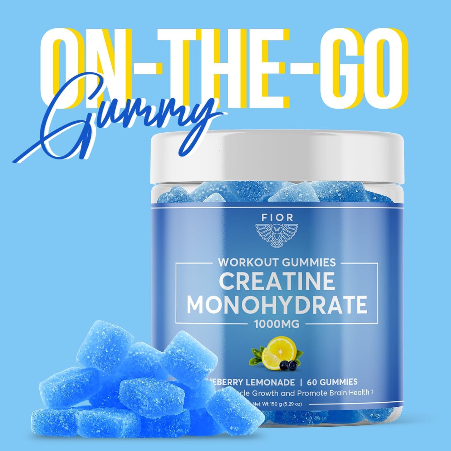FIOR Creatine Gummy - Blueberry Lemonade Flavor, 60 Count, Top Creatine Monohydrate Chewable for Workouts & Protein, Cognitive Enhancement, 30 Servings