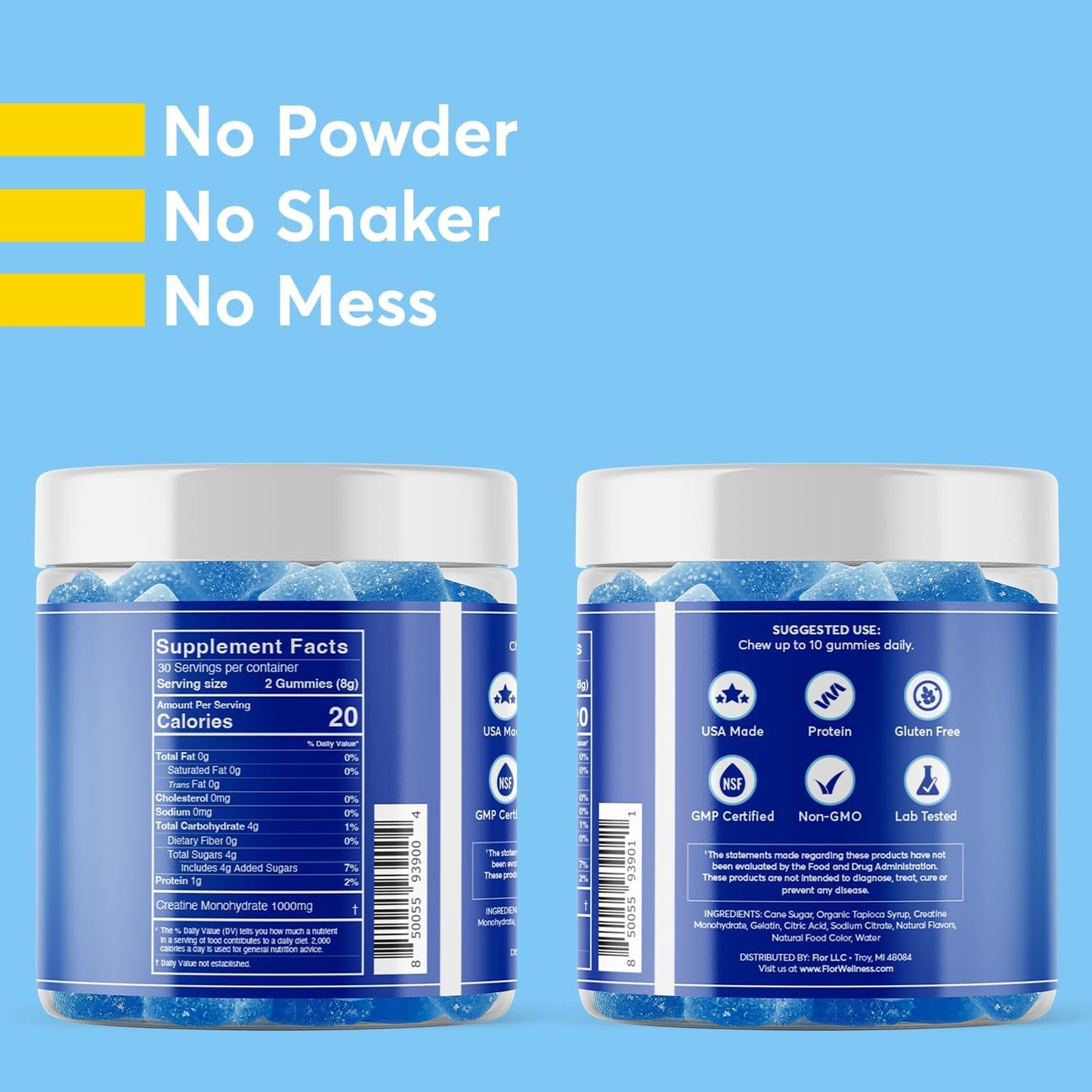 FIOR Creatine Gummy - Blueberry Lemonade Flavor, 60 Count, Top Creatine Monohydrate Chewable for Workouts & Protein, Cognitive Enhancement, 30 Servings