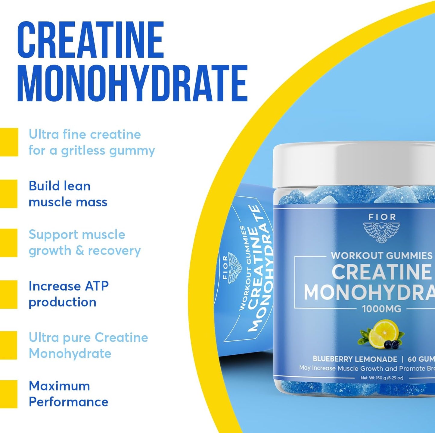 FIOR Creatine Gummy - Blueberry Lemonade Flavor, 60 Count, Top Creatine Monohydrate Chewable for Workouts & Protein, Cognitive Enhancement, 30 Servings