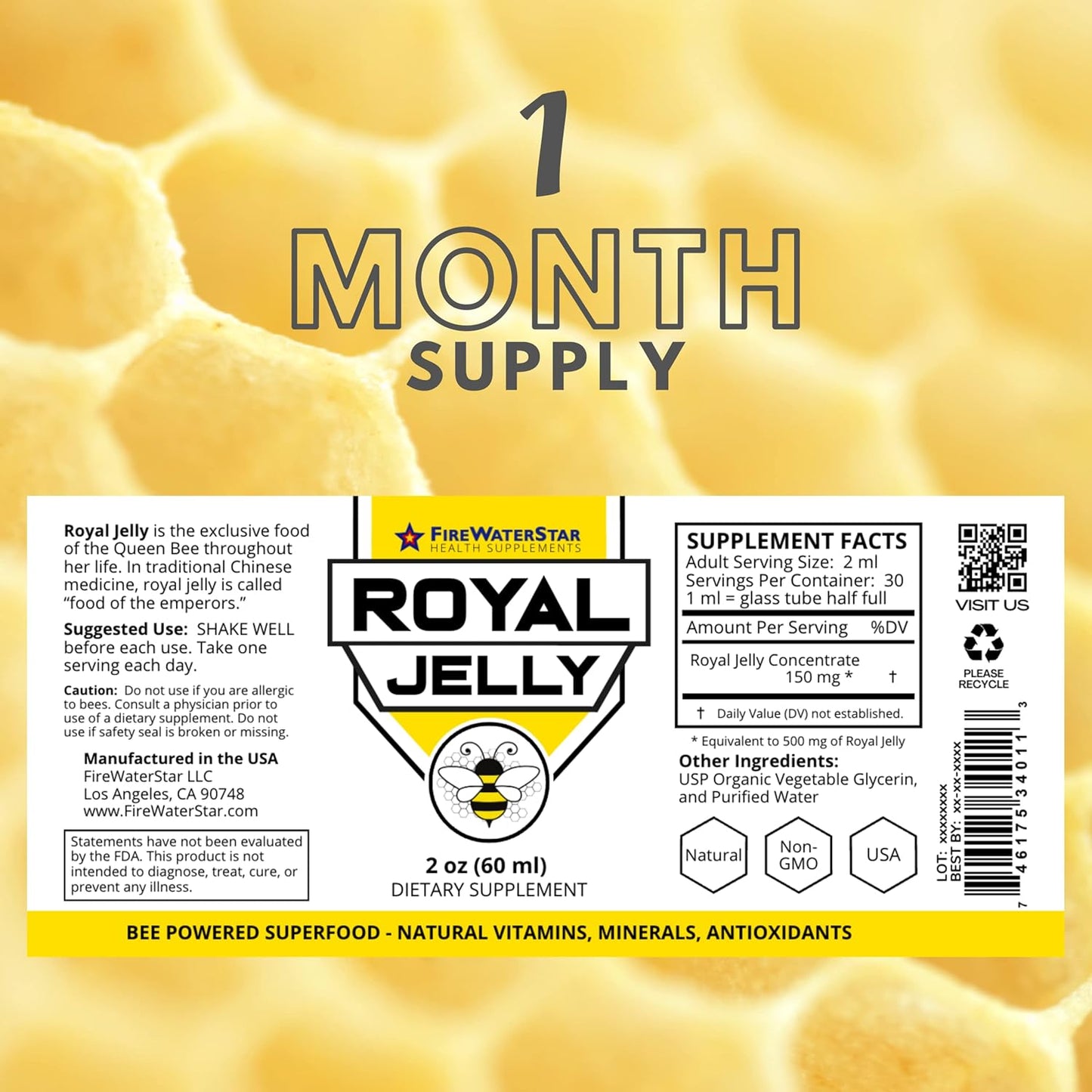 FIREWATERSTAR HEALTH SUPPLEMENTS FWS Royal Jelly Bee Superfood - Organic, Nutrient-Rich Skin Health Support with Vitamins, Minerals, and Antioxidants