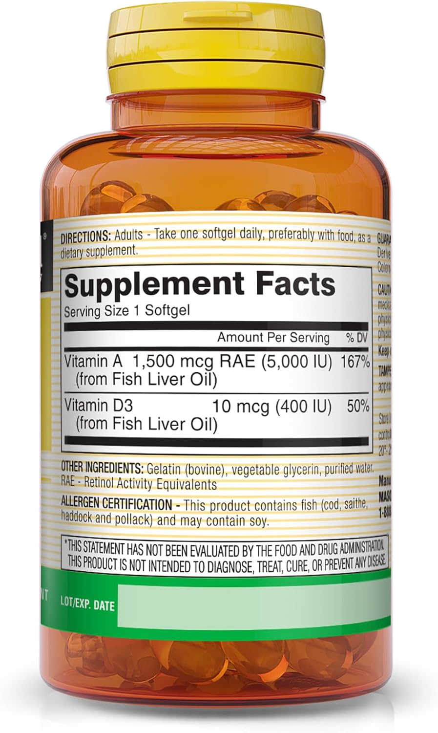 Fish Liver Oil Softgels with Vitamins A & D3 for Vision, Immune, Muscle & Nerve Health - 100ct