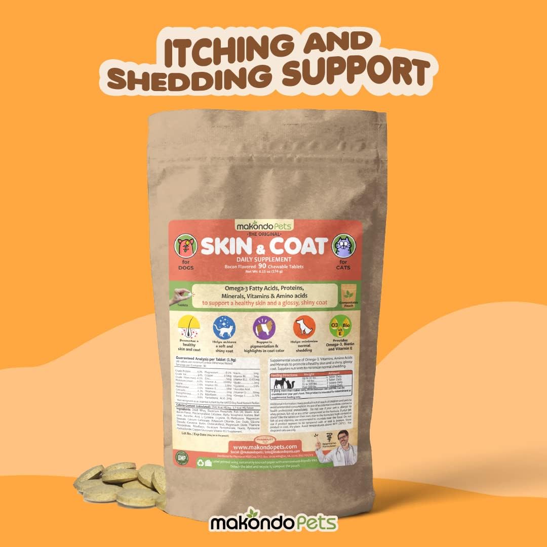 Fish Oil Skin and Coat Supplement for Dogs & Cats - Vitamins & Omega 3 for Itch Relief, Shedding & Allergy Treatment - 90 Tabs