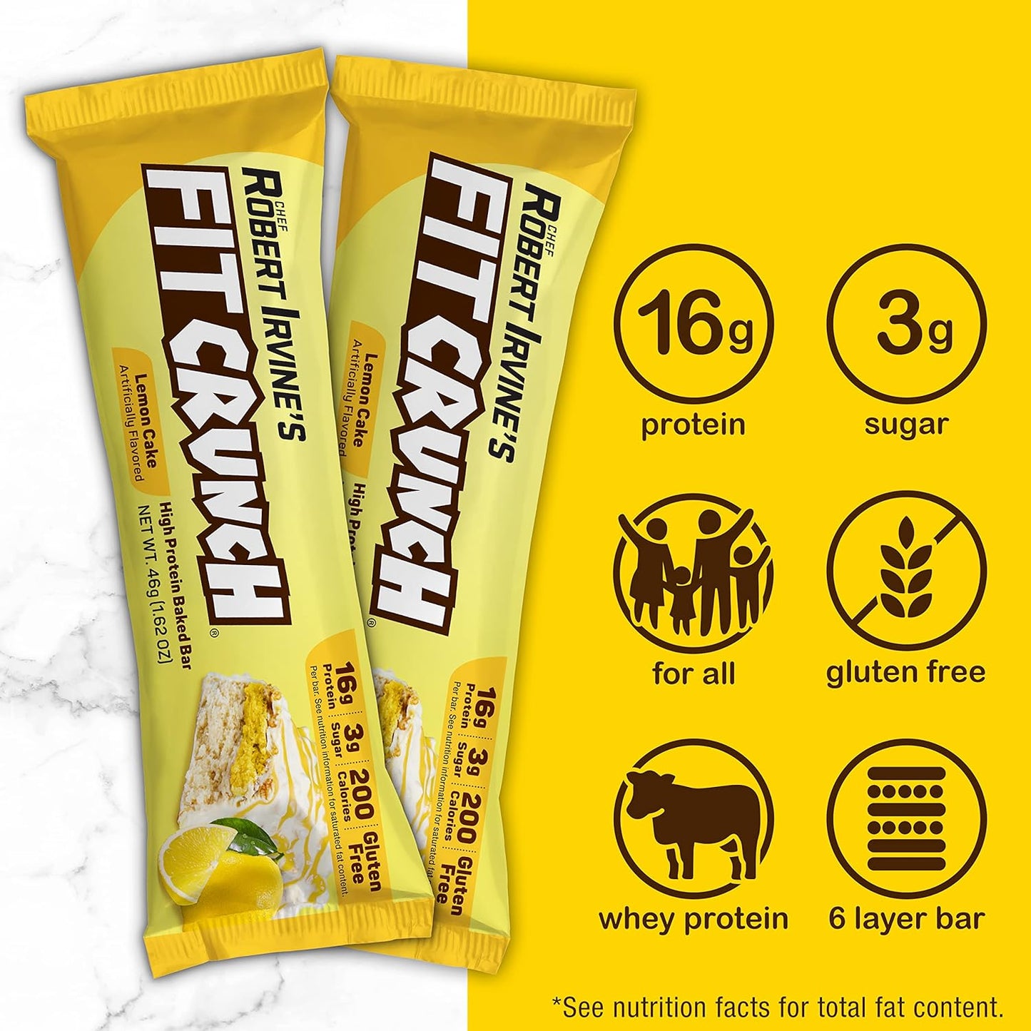 Fit Crunch Snack Size Protein Bars - 6-Layer Baked Bar with Soft Cake Core, Low Sugar (9 Bars, Lemon Cake)