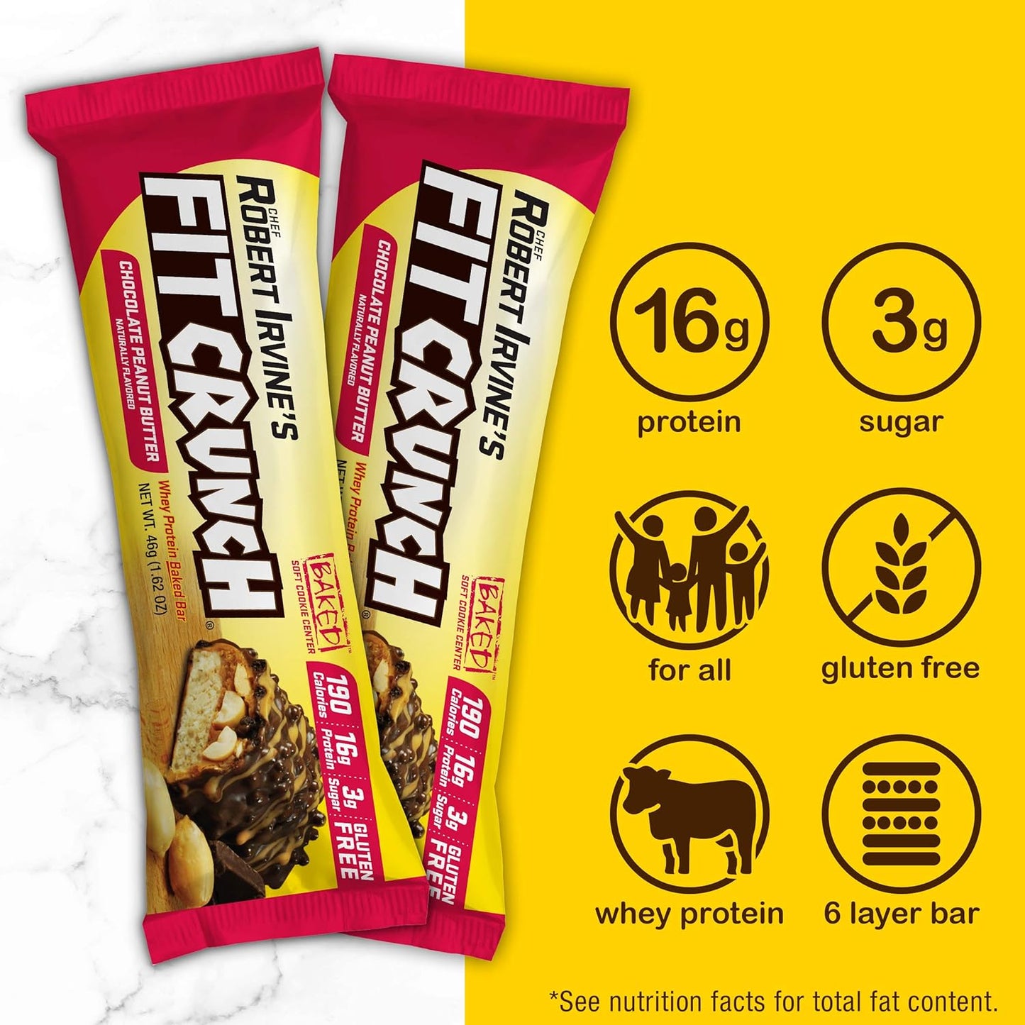 Fit Crunch Snack Size Protein Bars - 6-Layer Baked Bar with Soft Cake Core, 3g Sugar (18 Bars, Peanut Butter)