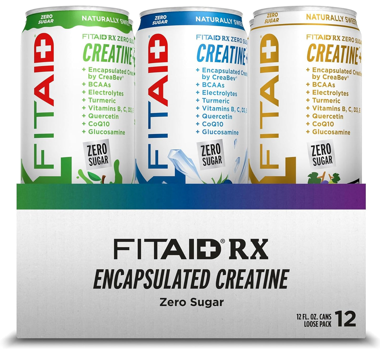FITAID RX Zero Sugar Workout Recovery Drink Variety Pack - 12 Fl Oz (Pack of 12) - All-In-One Blend with Encapsulated Creatine, BCAAs, Glucosamine, Turmeric, B-Complex, and Electrolytes