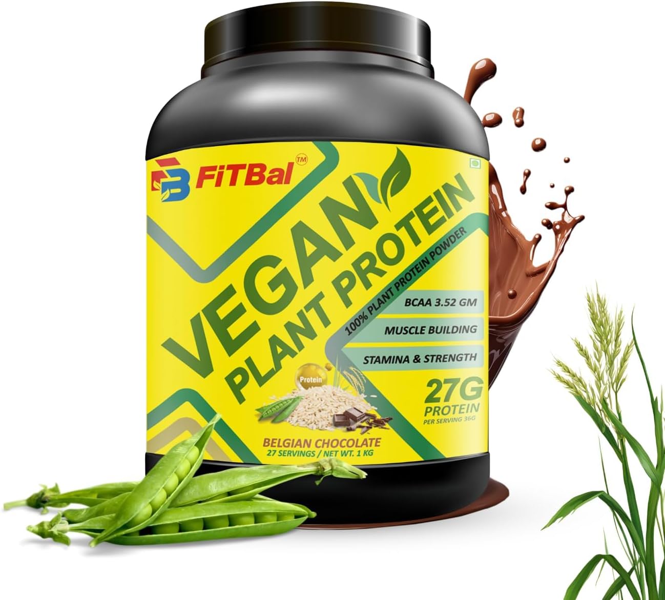 FiTBal 1KG Belgian Chocolate Vegan Plant Protein Powder - Pea and Brown Rice Protein, 27 Servings, 27g Protein per Serving