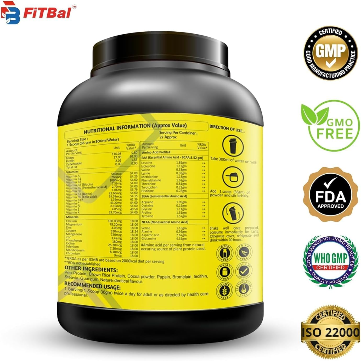 FiTBal 1KG Belgian Chocolate Vegan Plant Protein Powder - Pea and Brown Rice Protein, 27 Servings, 27g Protein per Serving