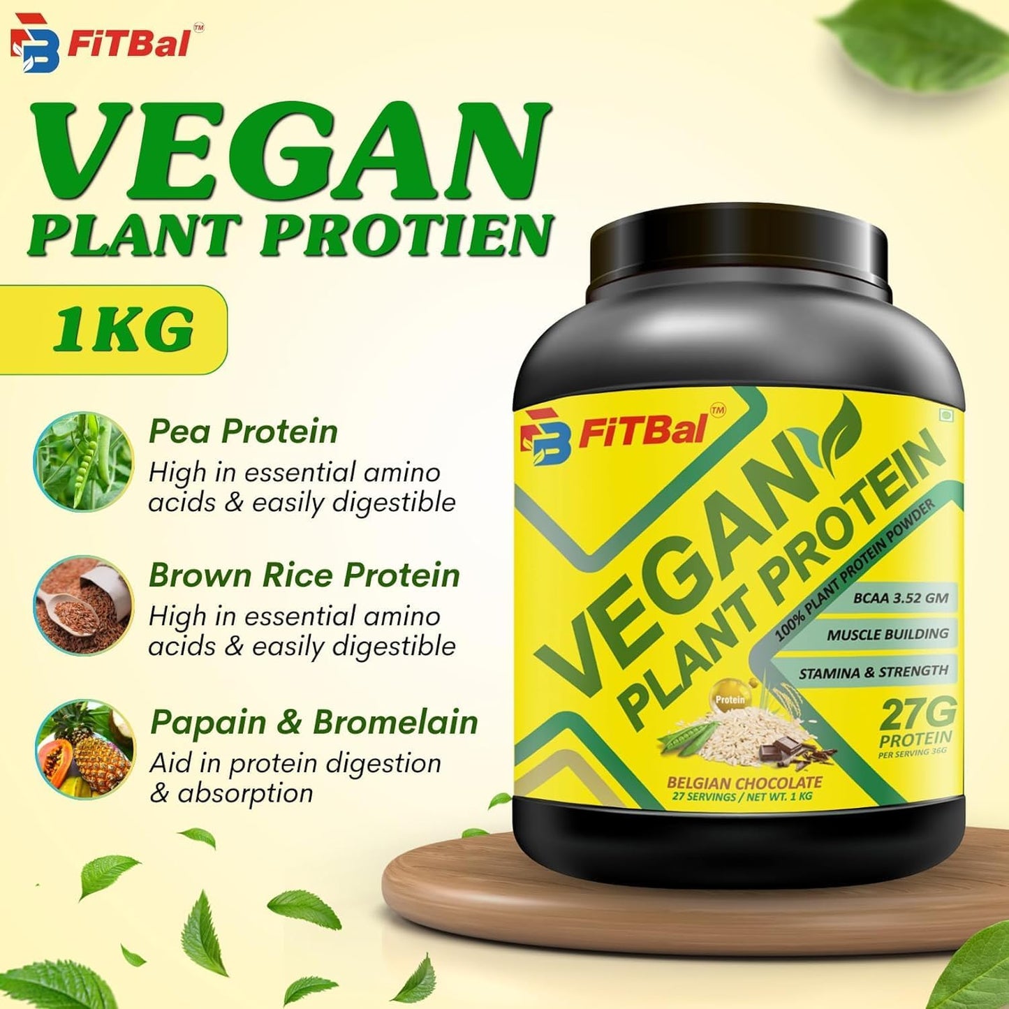 FiTBal 1KG Belgian Chocolate Vegan Plant Protein Powder - Pea and Brown Rice Protein, 27 Servings, 27g Protein per Serving