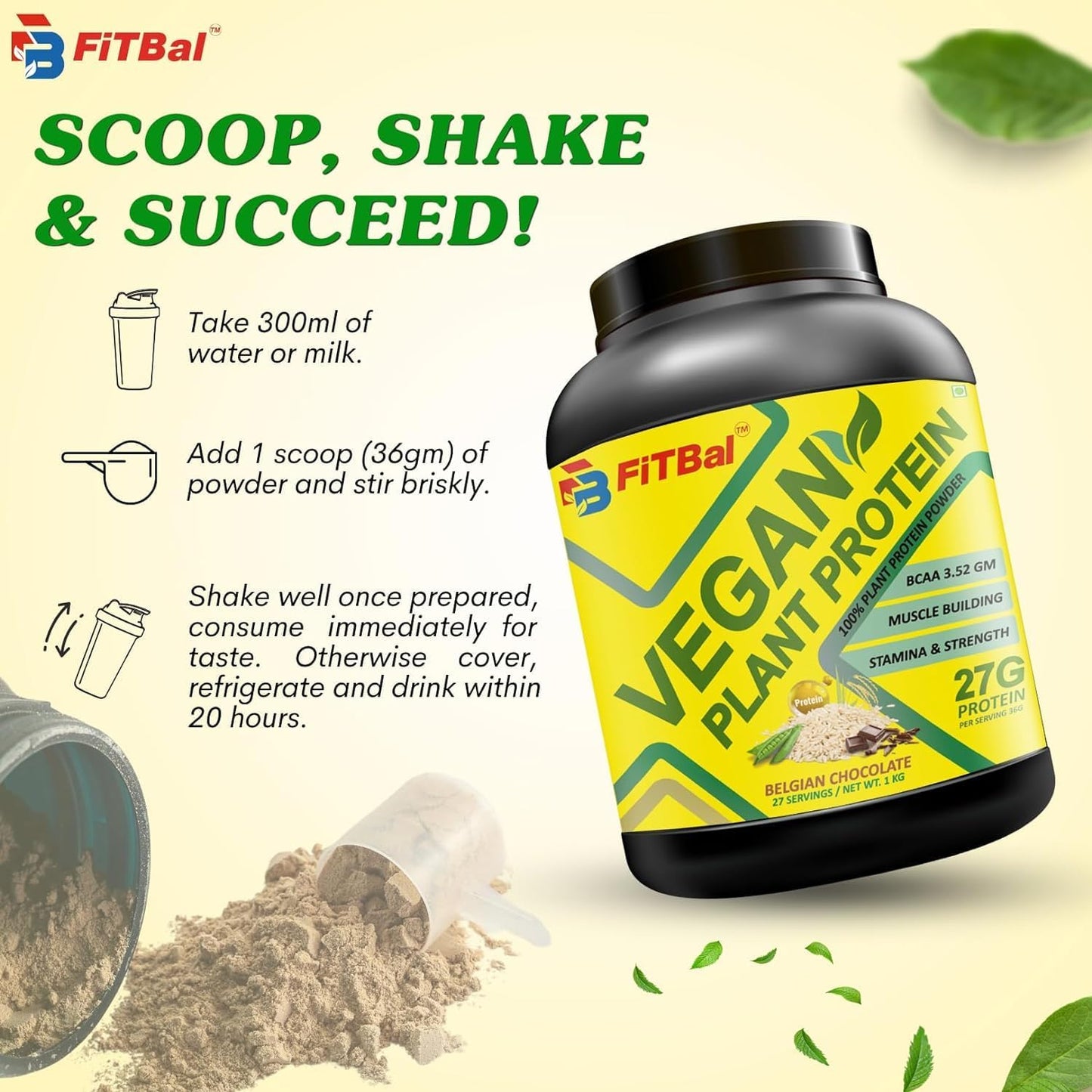 FiTBal 1KG Belgian Chocolate Vegan Plant Protein Powder - Pea and Brown Rice Protein, 27 Servings, 27g Protein per Serving