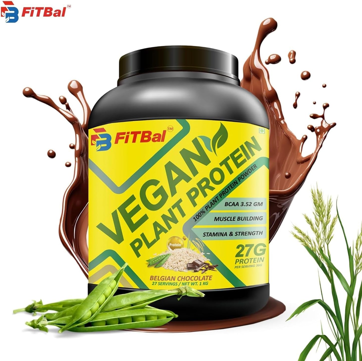 FiTBal 1KG Belgian Chocolate Vegan Plant Protein Powder - Pea and Brown Rice Protein, 27 Servings, 27g Protein per Serving