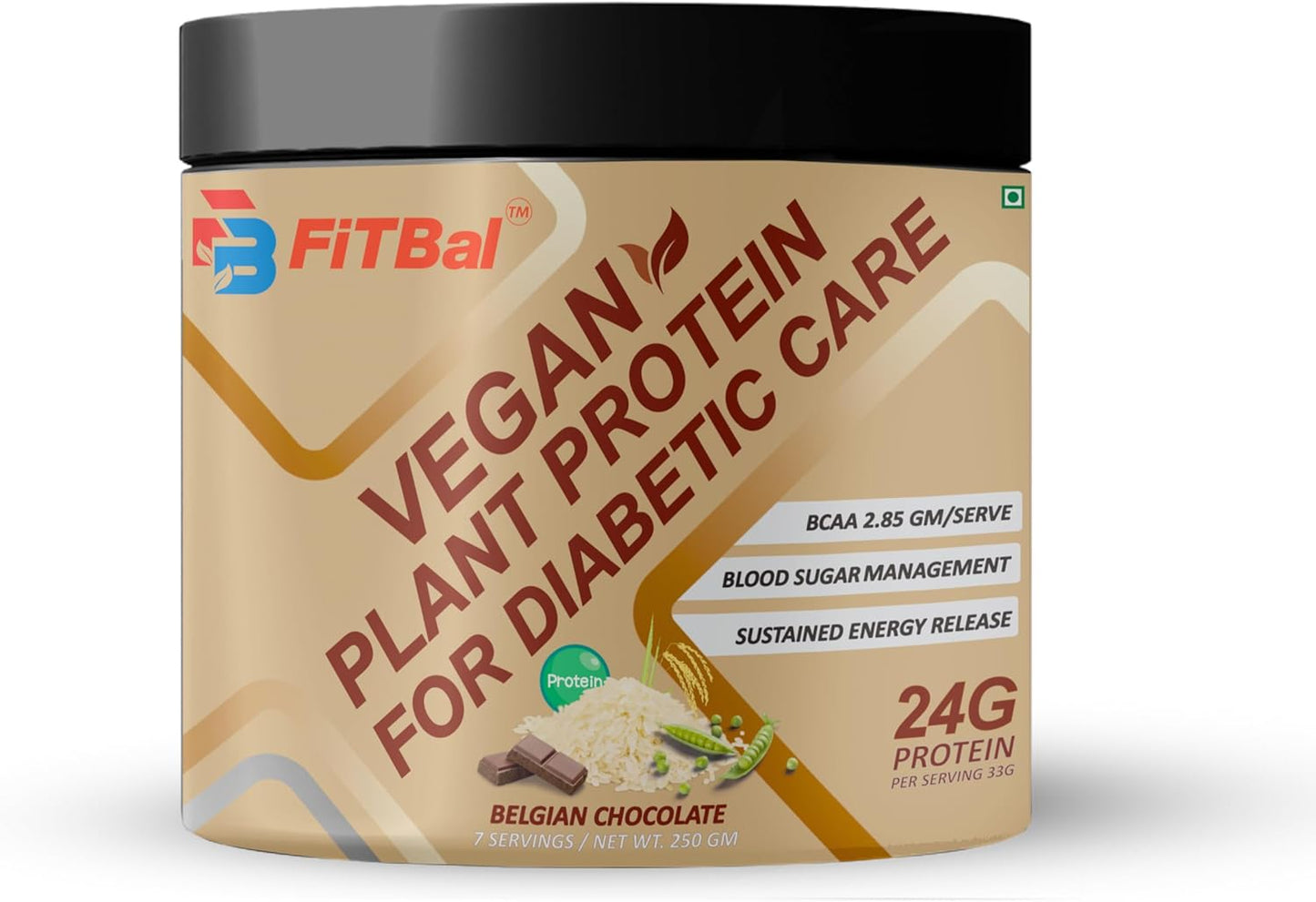 FiTBal Diabetic Care Vegan Plant Protein Powder with Belgian Chocolate Flavor - 250g (7 Servings), 24g Protein, 3.32g Glutamine