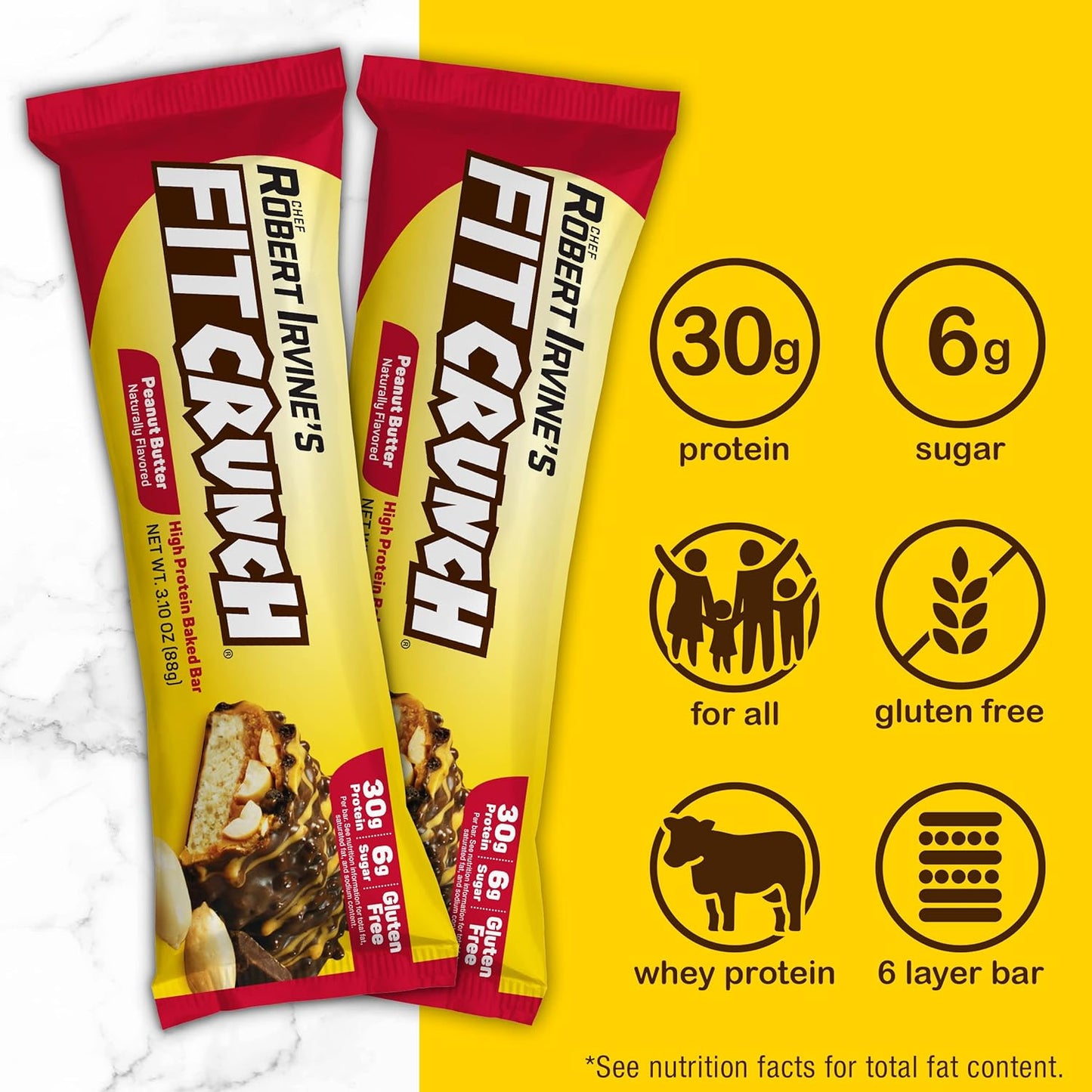FITCRUNCH Peanut Butter Protein Bars - 6-Layer Baked Bar with Soft Cake Core, 6g Sugar, Gluten Free (12 Bars)