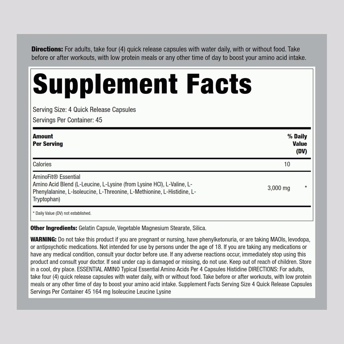 Fitness Labs Non-GMO AminoFit Complex | BCAA and EAA Amino Acids | 180 Capsules by Piping Rock