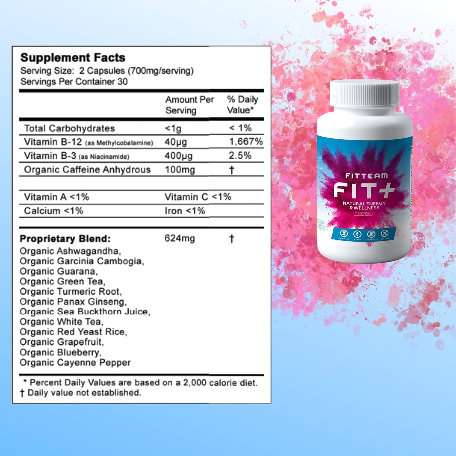 FITTEAM GLOBAL FIT Plus Organic Energy and Wellness Capsules - 60 Count - Natural Energy Vitamins for Mental Focus, Metabolism Boost, Mood Support, and Antioxidants