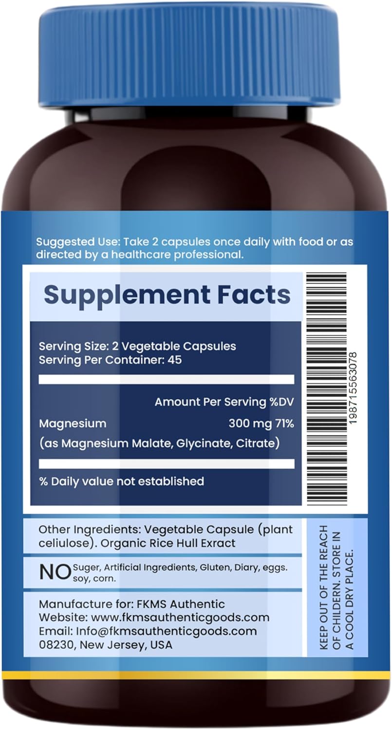 FKMS AUTHENTIC Triple Magnesium Complex 300mg | Vegan Non-GMO 3-in-1 Blend | High Absorption Magnesium Supplement 90 Capsules