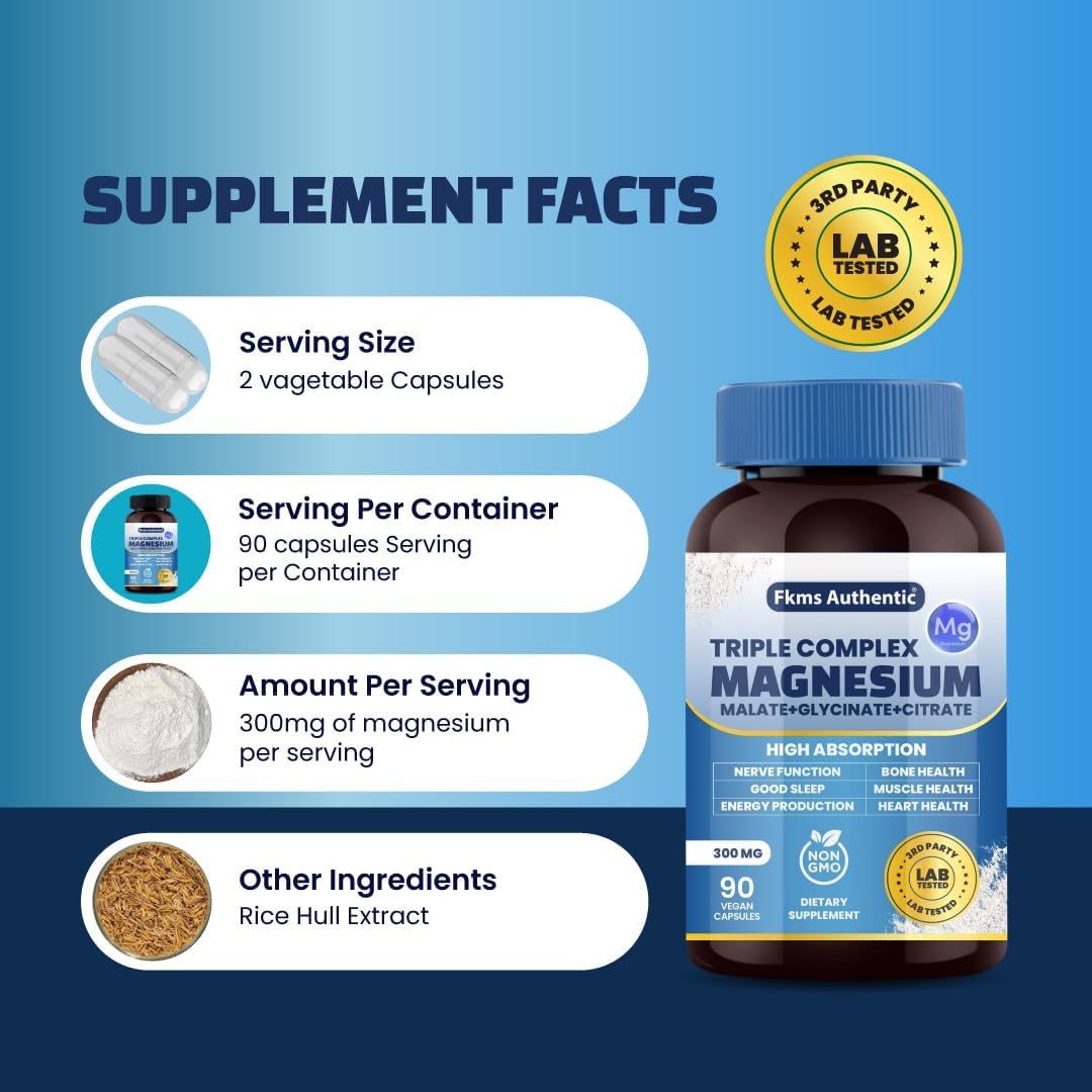 FKMS AUTHENTIC Triple Magnesium Complex 300mg | Vegan Non-GMO 3-in-1 Blend | High Absorption Magnesium Supplement 90 Capsules