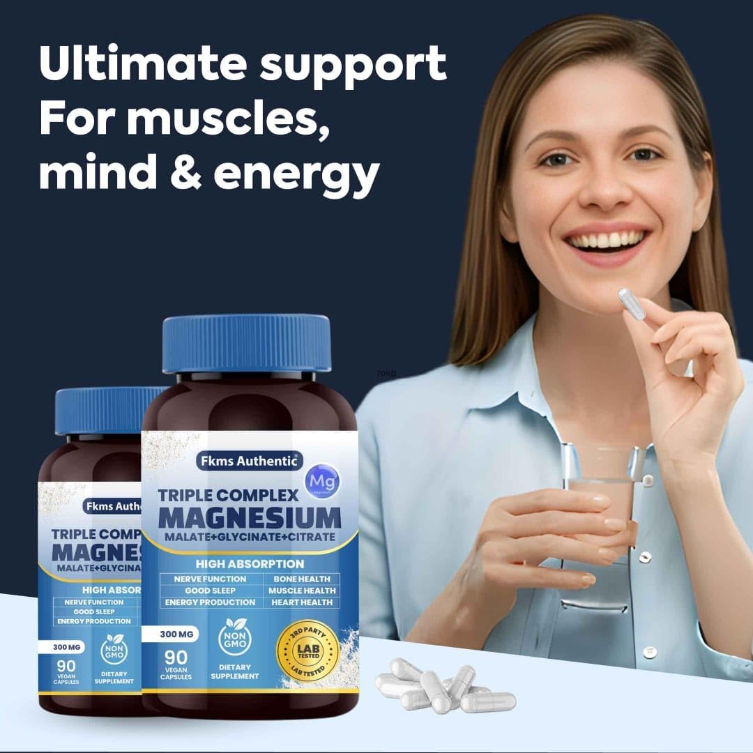 FKMS AUTHENTIC Triple Magnesium Complex 300mg | Vegan Non-GMO 3-in-1 Blend | High Absorption Magnesium Supplement 90 Capsules
