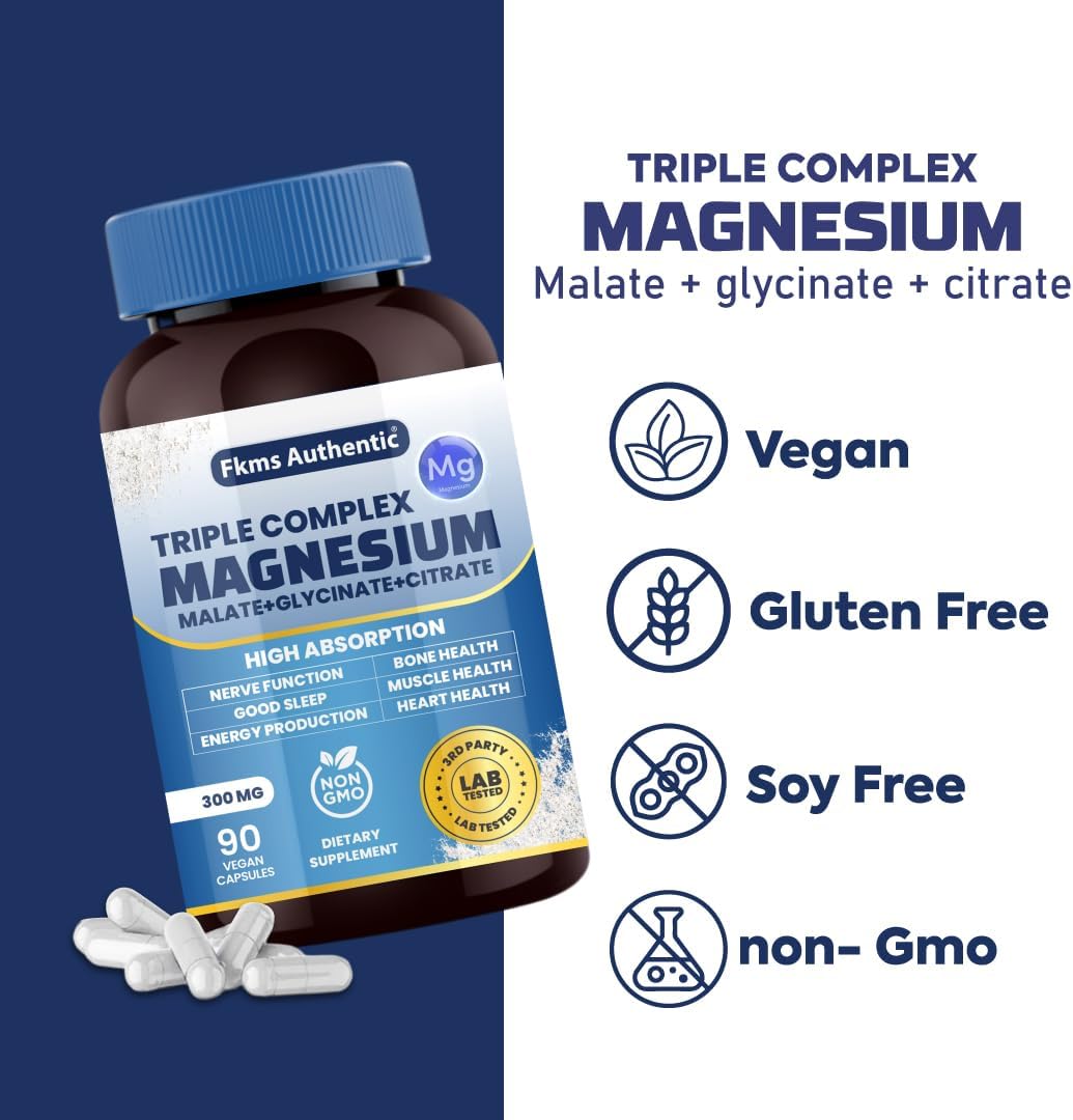 FKMS AUTHENTIC Triple Magnesium Complex 300mg | Vegan Non-GMO 3-in-1 Blend | High Absorption Magnesium Supplement 90 Capsules