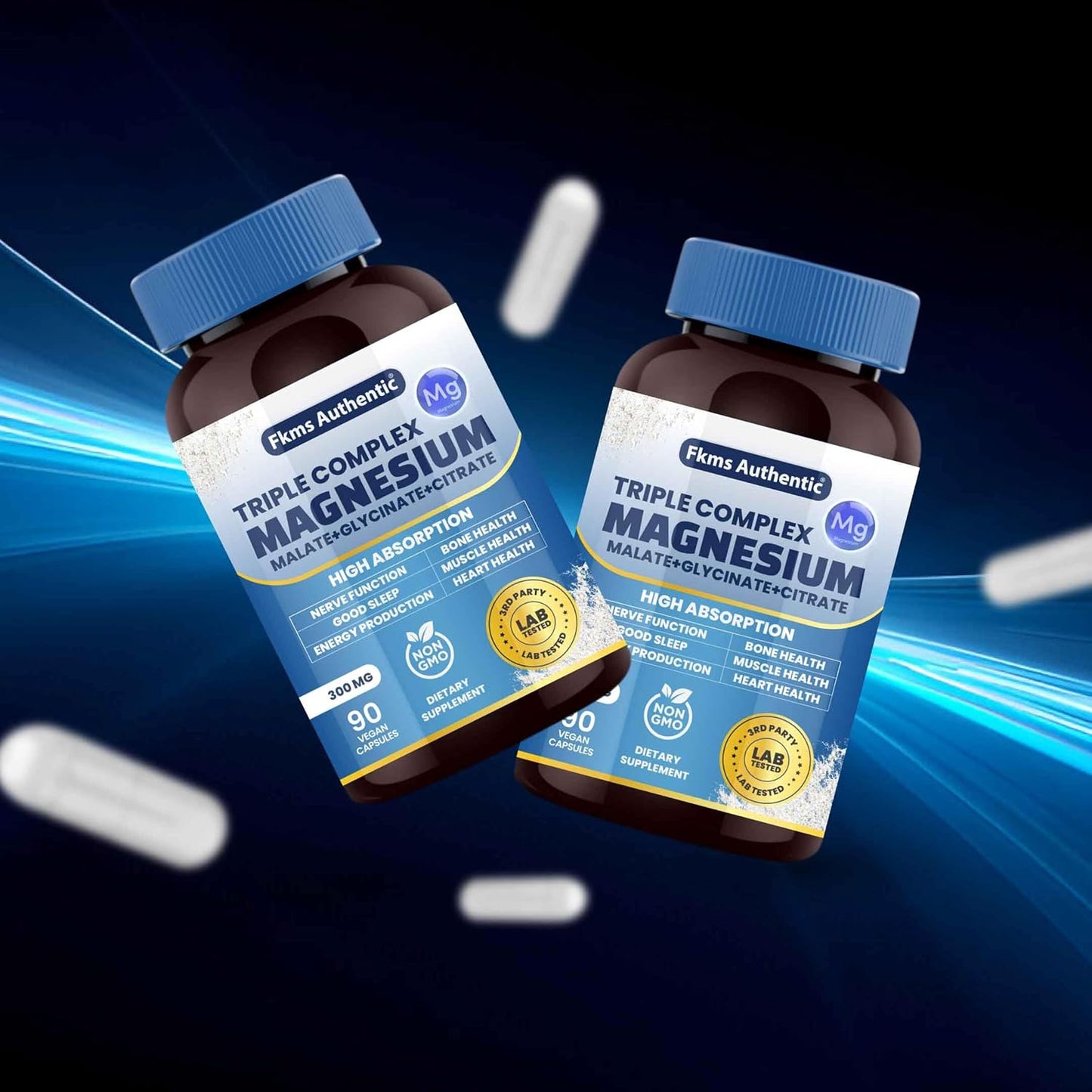 FKMS AUTHENTIC Triple Magnesium Complex 300mg | Vegan Non-GMO 3-in-1 Blend | High Absorption Magnesium Supplement 90 Capsules