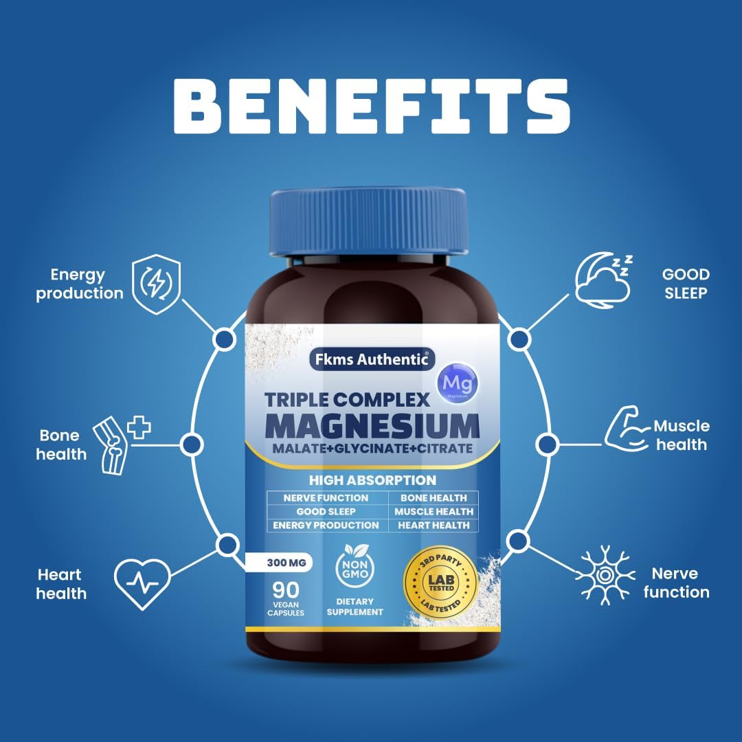 FKMS AUTHENTIC Triple Magnesium Complex 300mg | Vegan Non-GMO 3-in-1 Blend | High Absorption Magnesium Supplement 90 Capsules