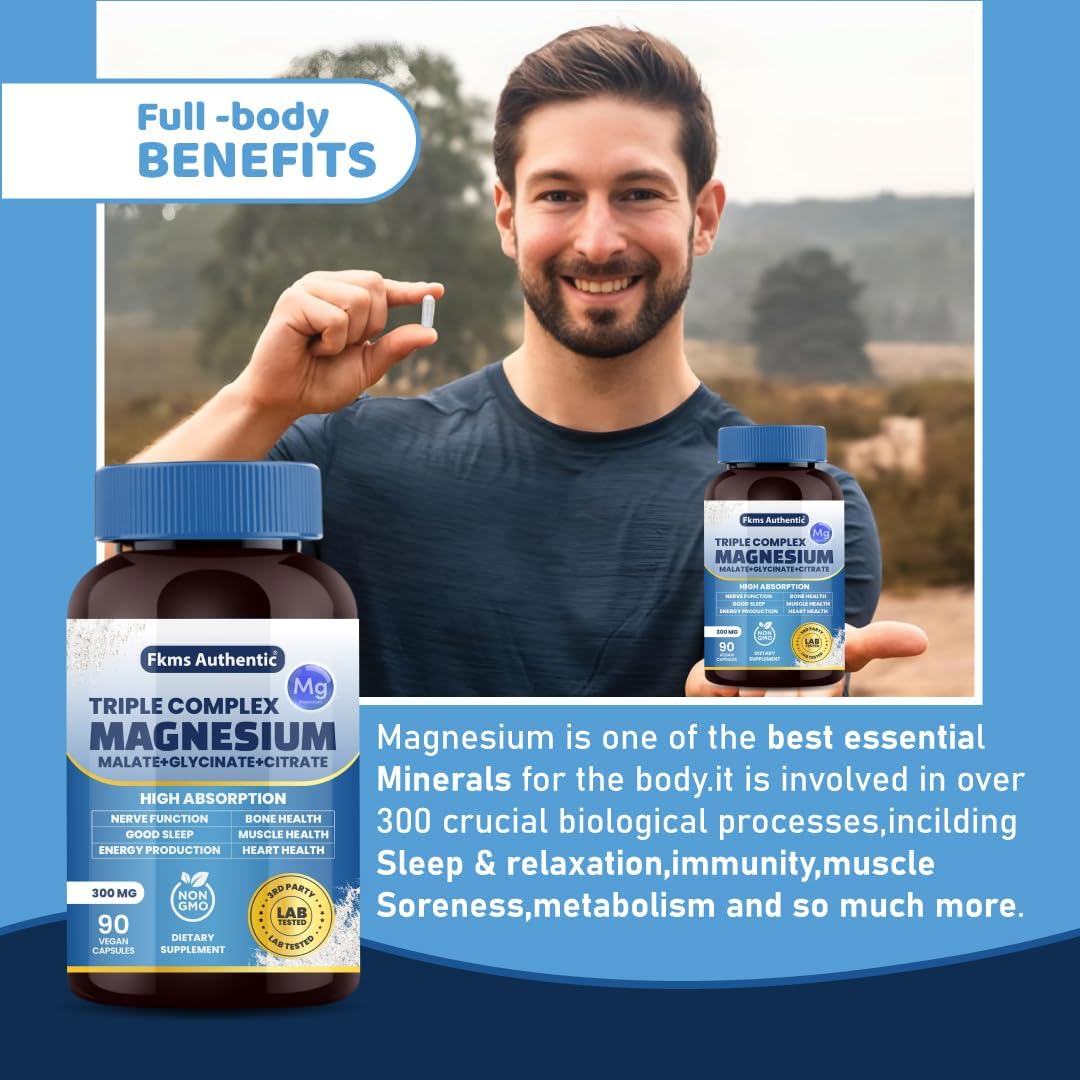 FKMS AUTHENTIC Triple Magnesium Complex 300mg | Vegan Non-GMO 3-in-1 Blend | High Absorption Magnesium Supplement 90 Capsules