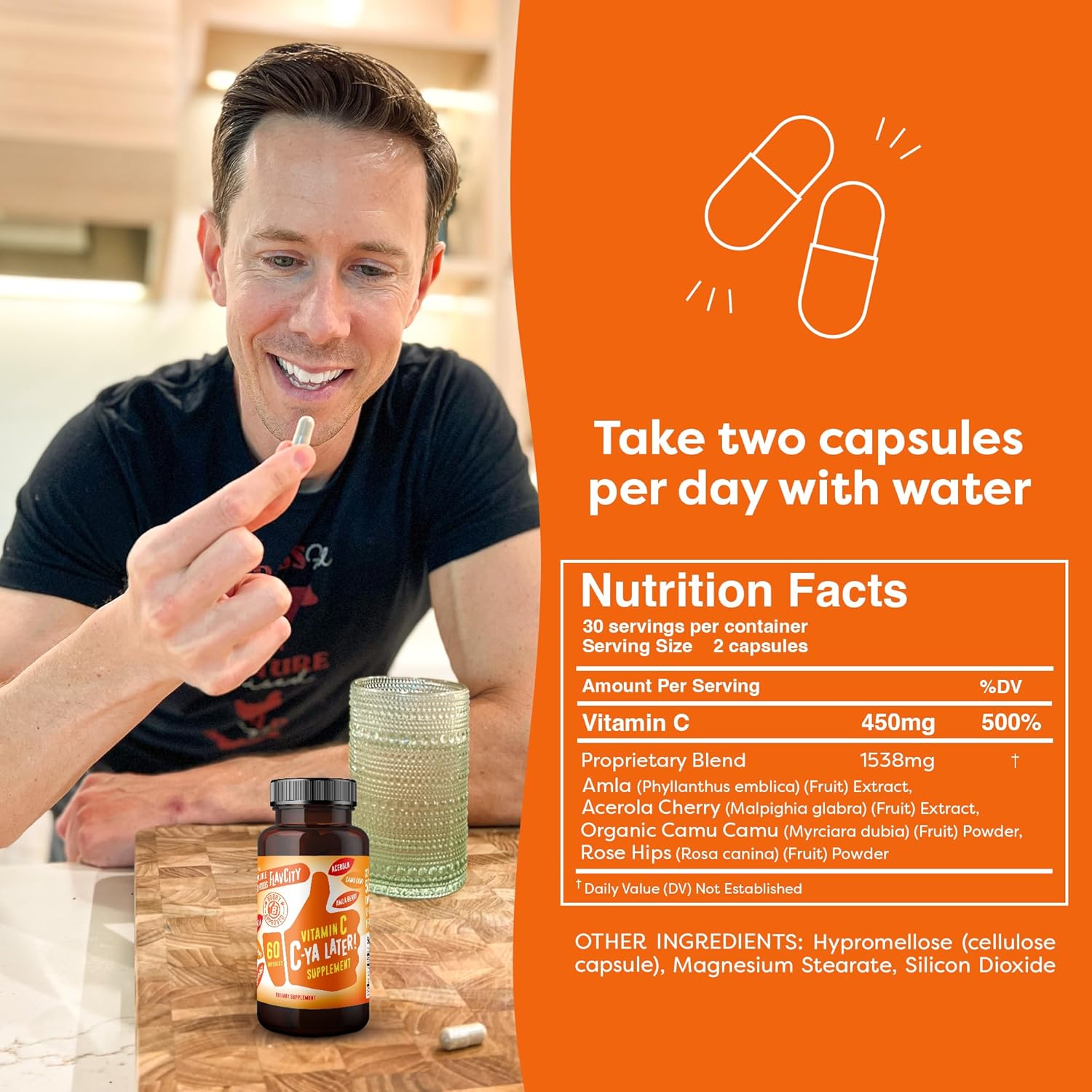 FlavCity C-Ya Later Vitamin C Supplement - Immune Support with Acerola, Camu Camu & Amla Berry - 60 Capsules