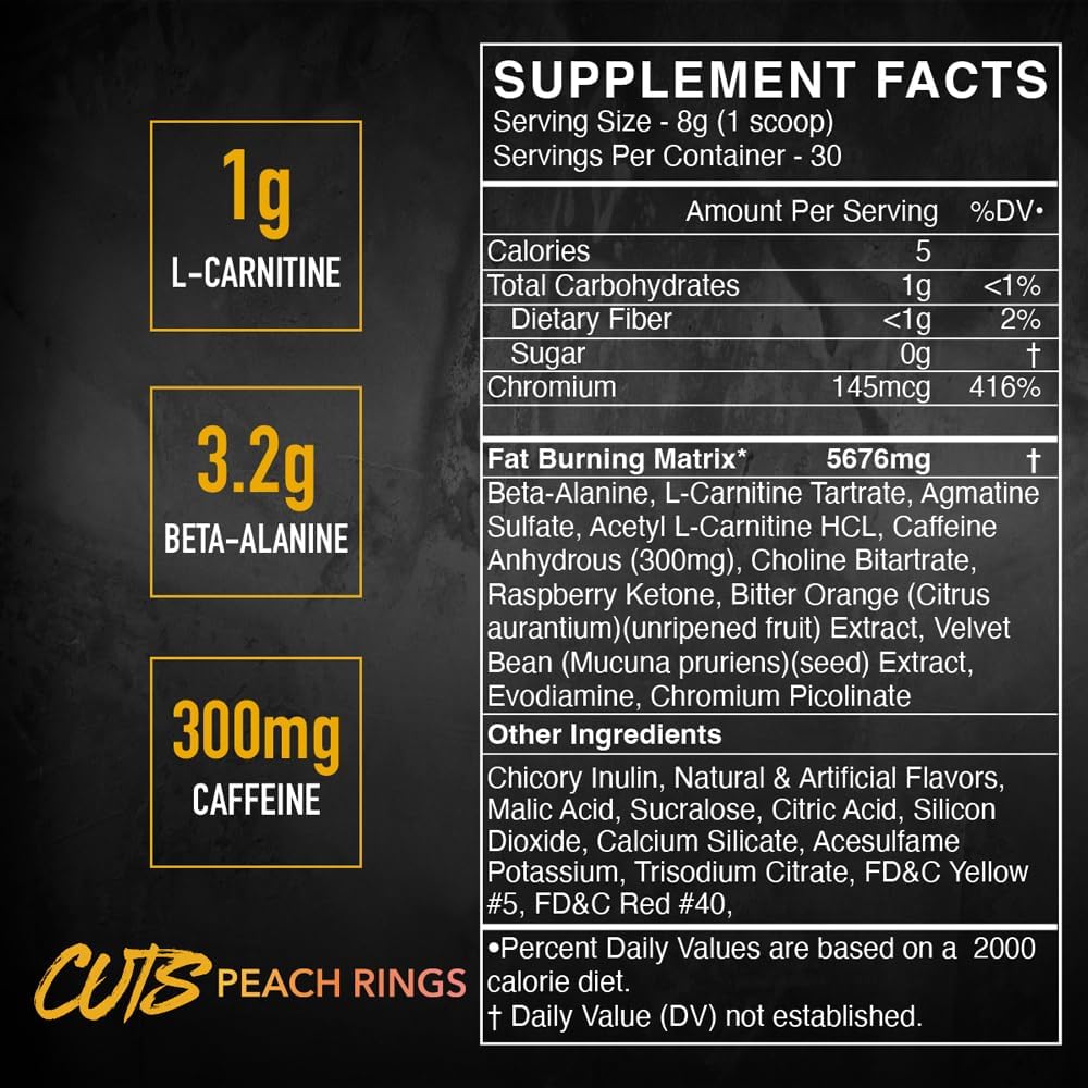 Flavored Pre Workout Energy Powdered Drink Mix for Muscle Definition - Peach Ring Flavor, 30 Servings, Creatine Free, Thermogenic Formula for Men & Women
