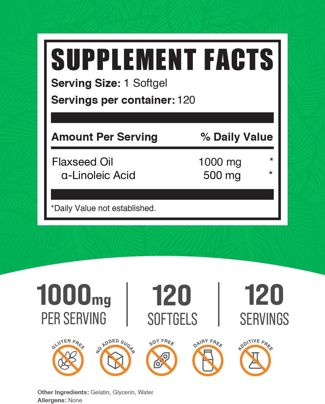 Flaxseed Oil Softgels - 1000mg Herbal Supplement, Gluten Free, 120 Count - BulkSupplements.com