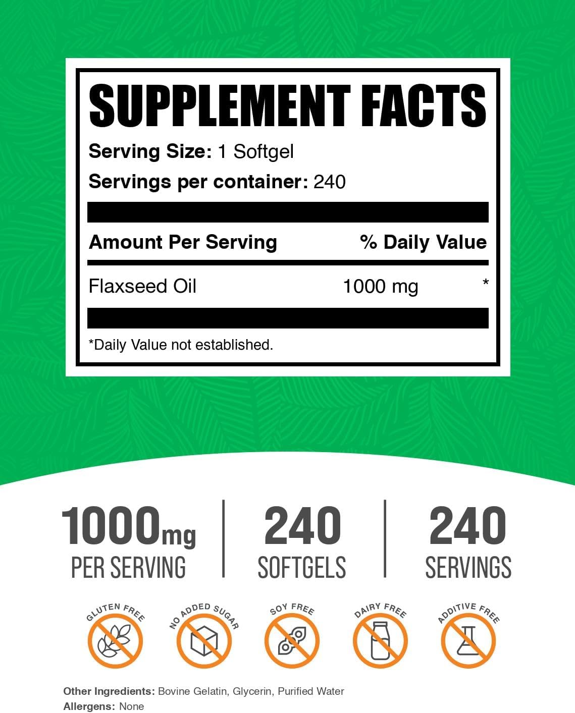 Flaxseed Oil Softgels 1000mg - Herbal Supplement, Gluten Free, 240 Count - BulkSupplements.com