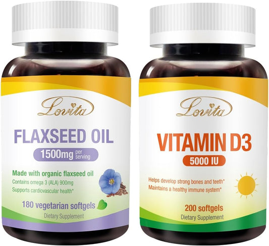 Flaxseed Oil & Vitamin D3 Bundle for Better Nutrition & Well-Being - Dietary Supplement with 5000IU of Vitamin D3