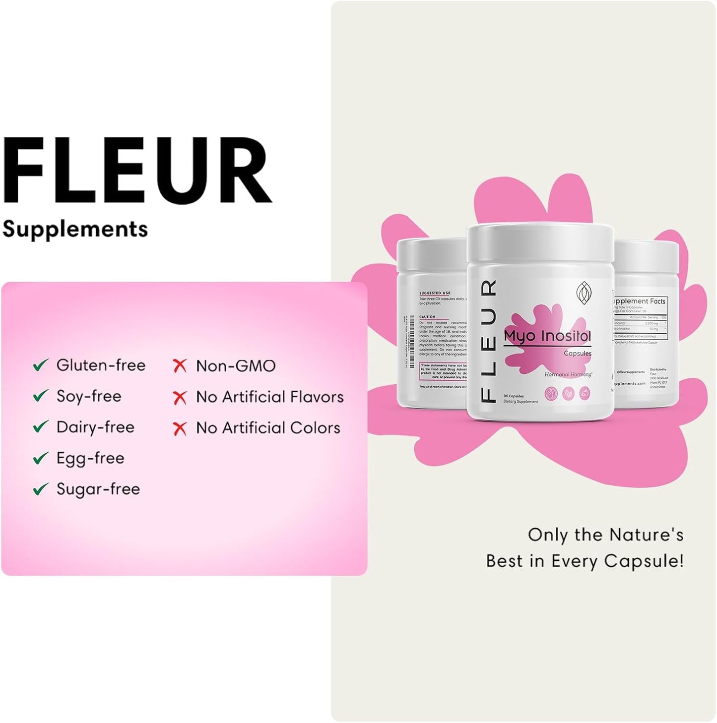 FLEUR Myo-Inositol & D-Chiro Inositol Capsules - Hormone Balance & Ovarian Function Support for Women - PCOS Symptom Relief - Regulates Menstrual Cycle - Non-GMO & Vegan - 90 Capsules